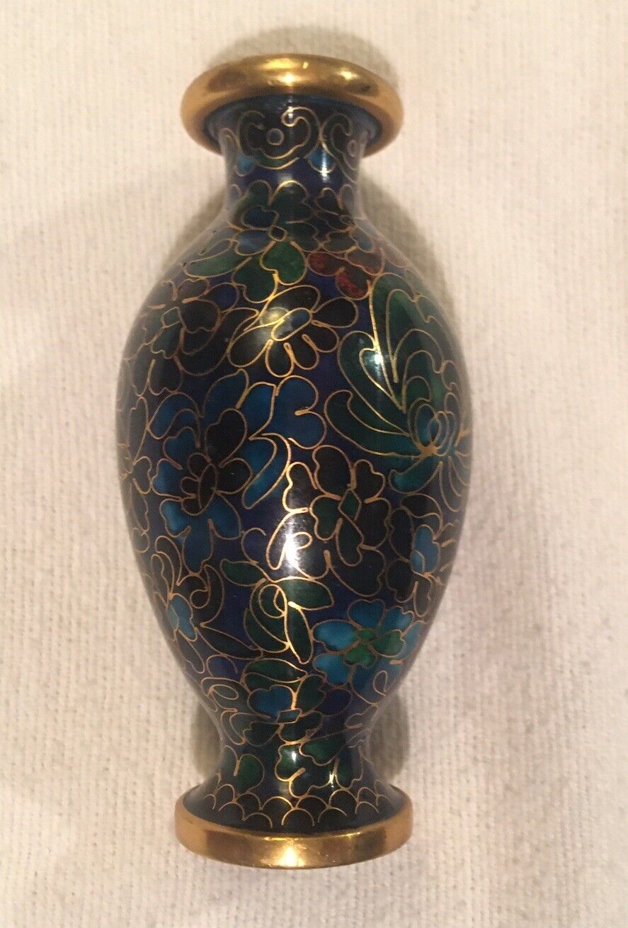 Vintage Mini Chinese 4” Cloisonné Vase Blue Green Abstract