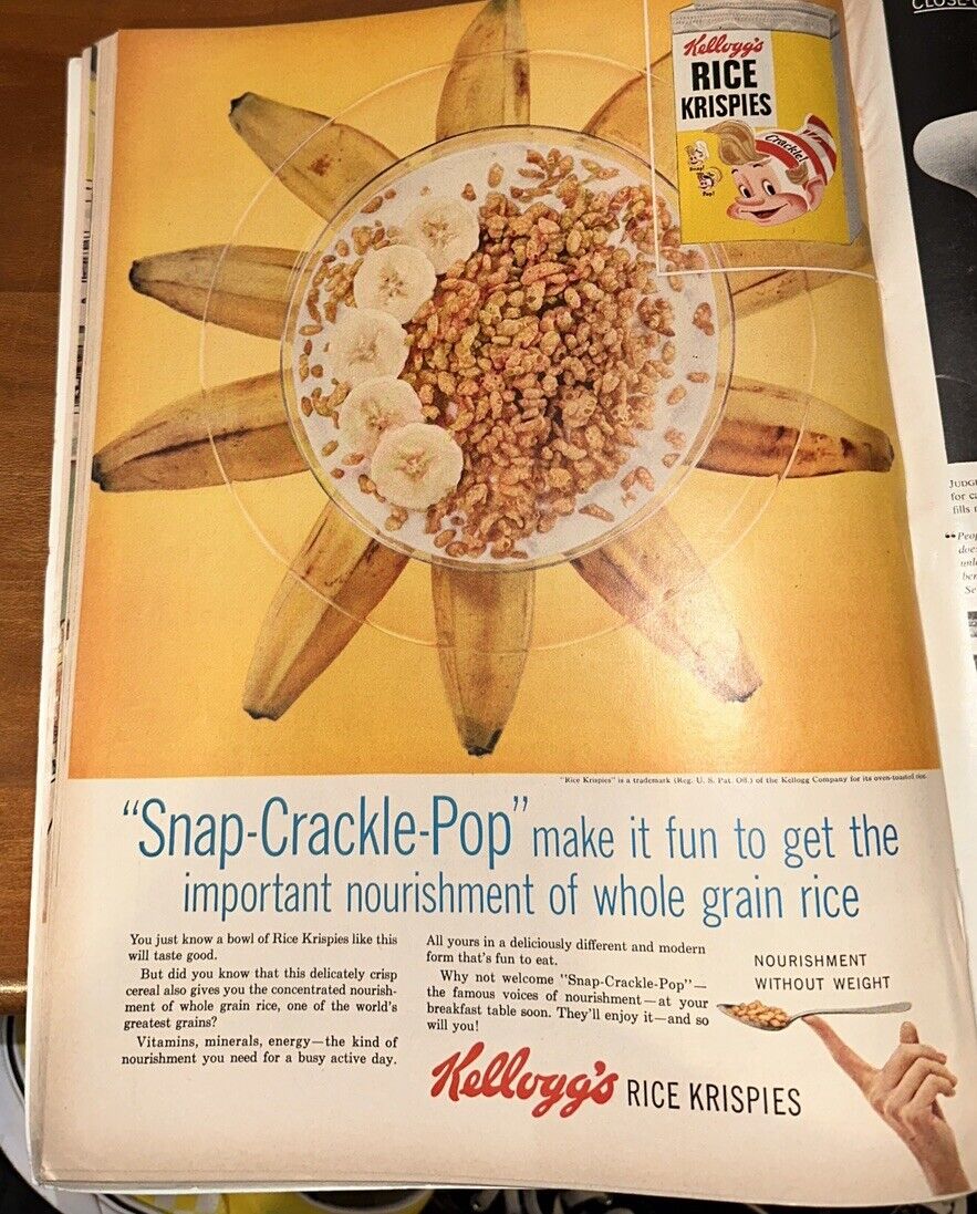 Nostalgic Original 1950's 1957 Print Ad Kellogg's Rice Krispies Snap Crackle Pop