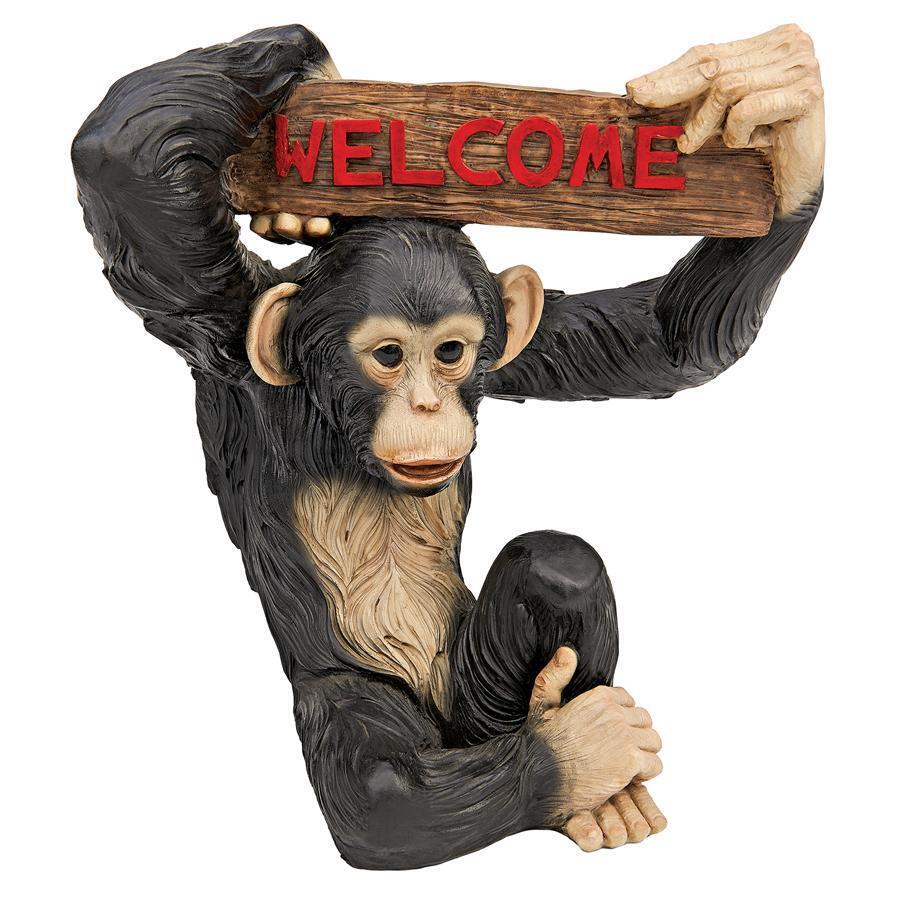 Let\'s Monkey Around Swinging Chimpanzee Welcome Home Garden Sign Sculpture