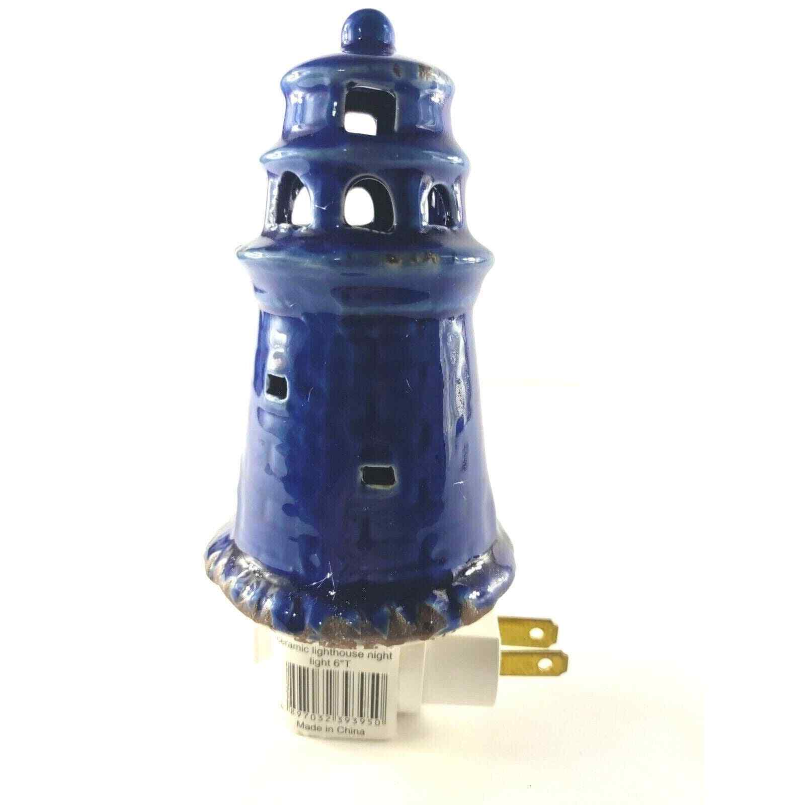 Lighthouse Night Light Ceramic Navy Blue Off On Switch Beach Nautical Ocean