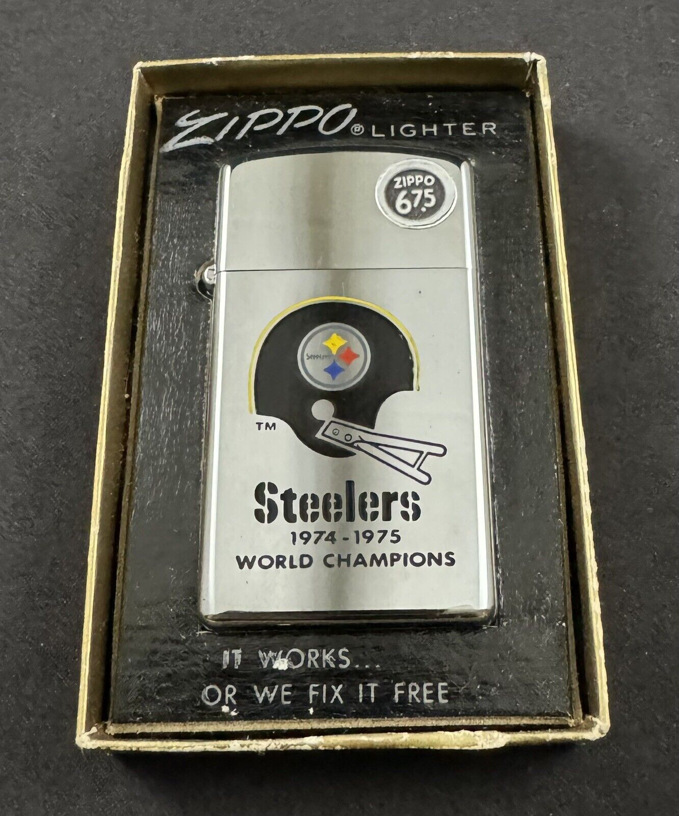 Vintage 1974-1975 Pittsburgh Steelers NFL World Champions NIB Slim Zippo Lighter