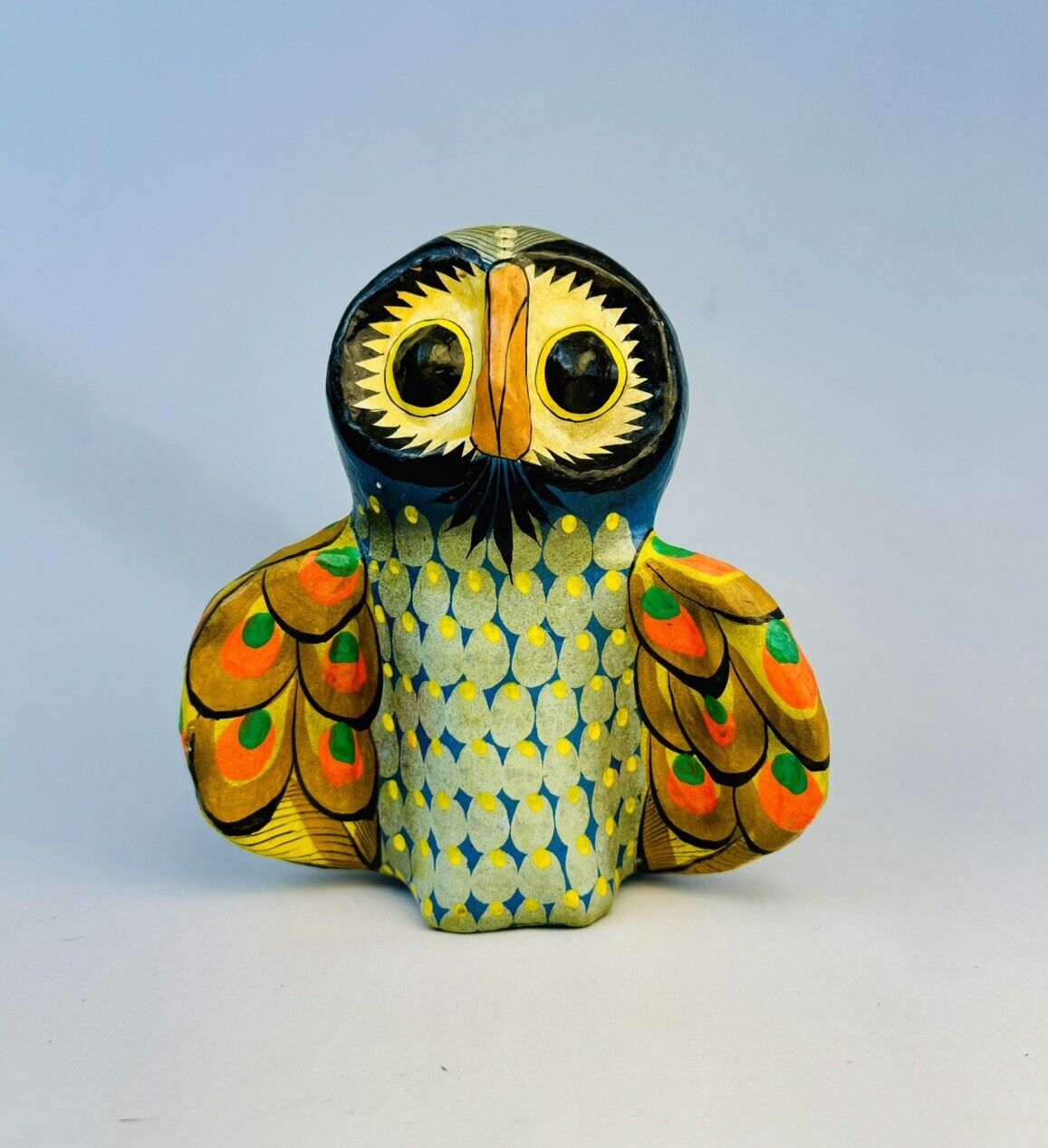 Vintage Colorful and Brite Paper Mache OWL Folk Art Hand Painted  Mexico 7”