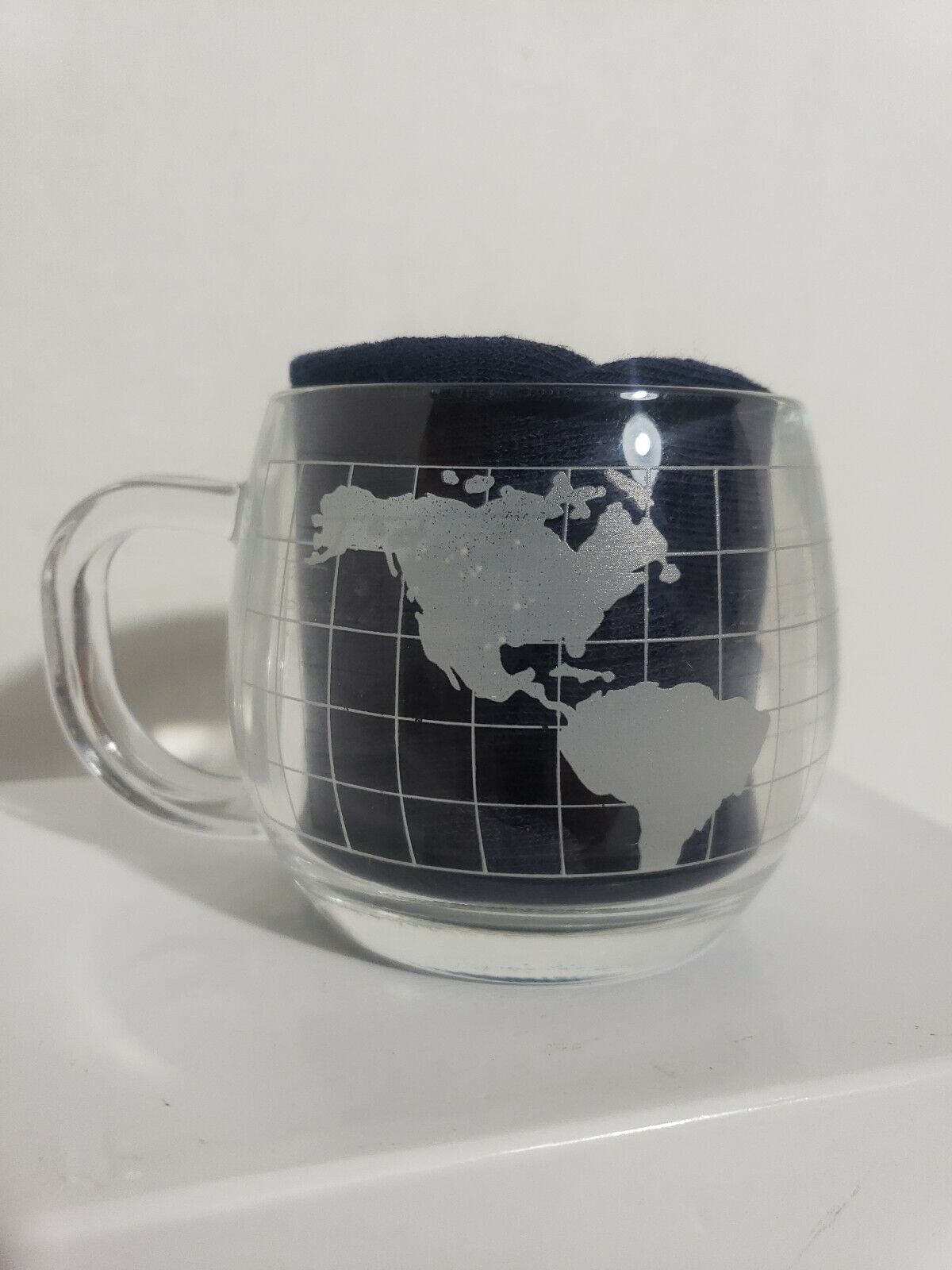Vintage 1970’s Nestlé Nescafe Clear Etched Glass World Globe Coffee Cup Mug