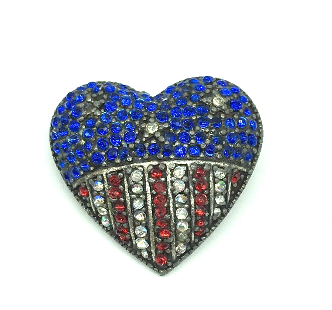 Patriotic Puffy Heart Pendant Rhinestones Gunmetal Gray Red White Blue Vtg