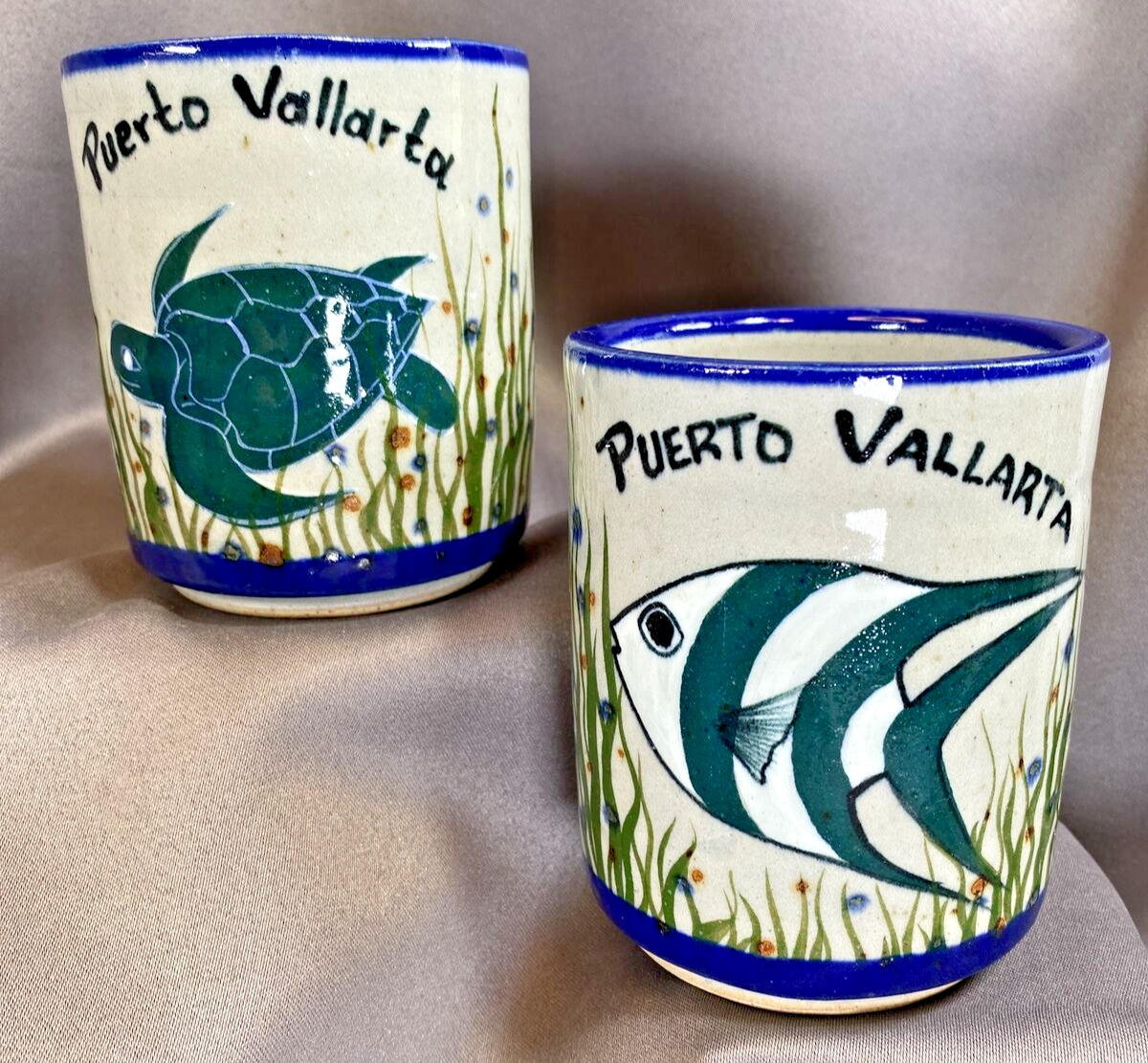 A. Mexico Puerto Vallarta Turtle and Fish Pottery Mugs