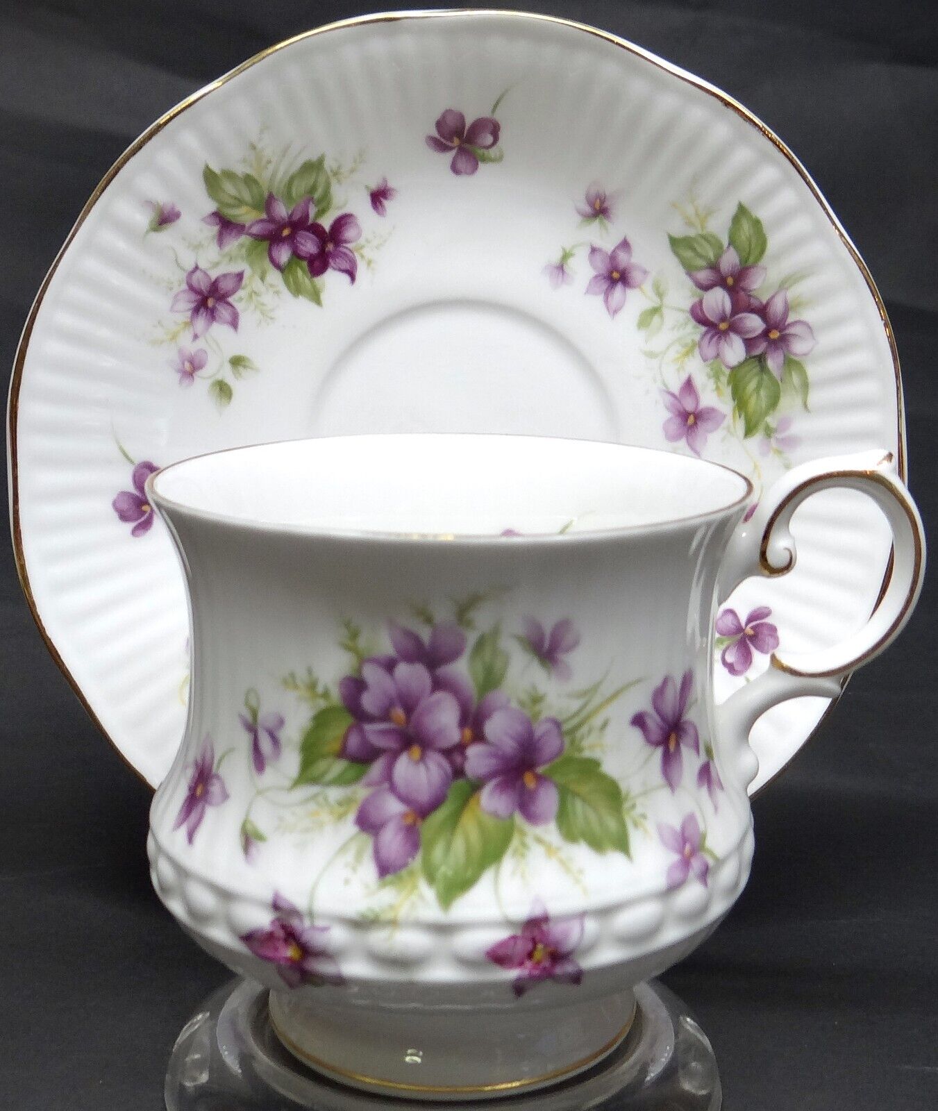 Rosina Queens Cup Saucer Violets Purple Flowers Gold Trim Vtg England