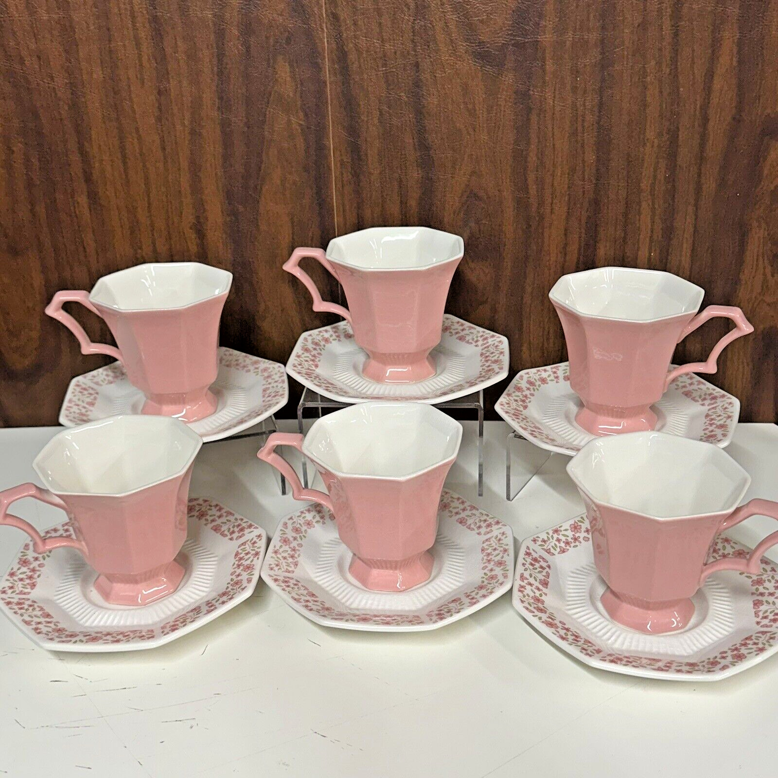 Independence Ironstone Mary Jane Interpace Japan Pink Tea Cups + Saucers 6 Each