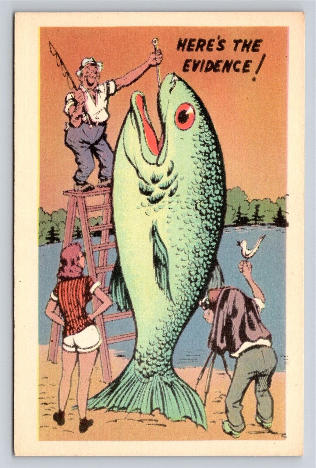 Here\'s The Evidence Fisherman On Ladder Holding Giant Fish Vtg Comic Postcard 