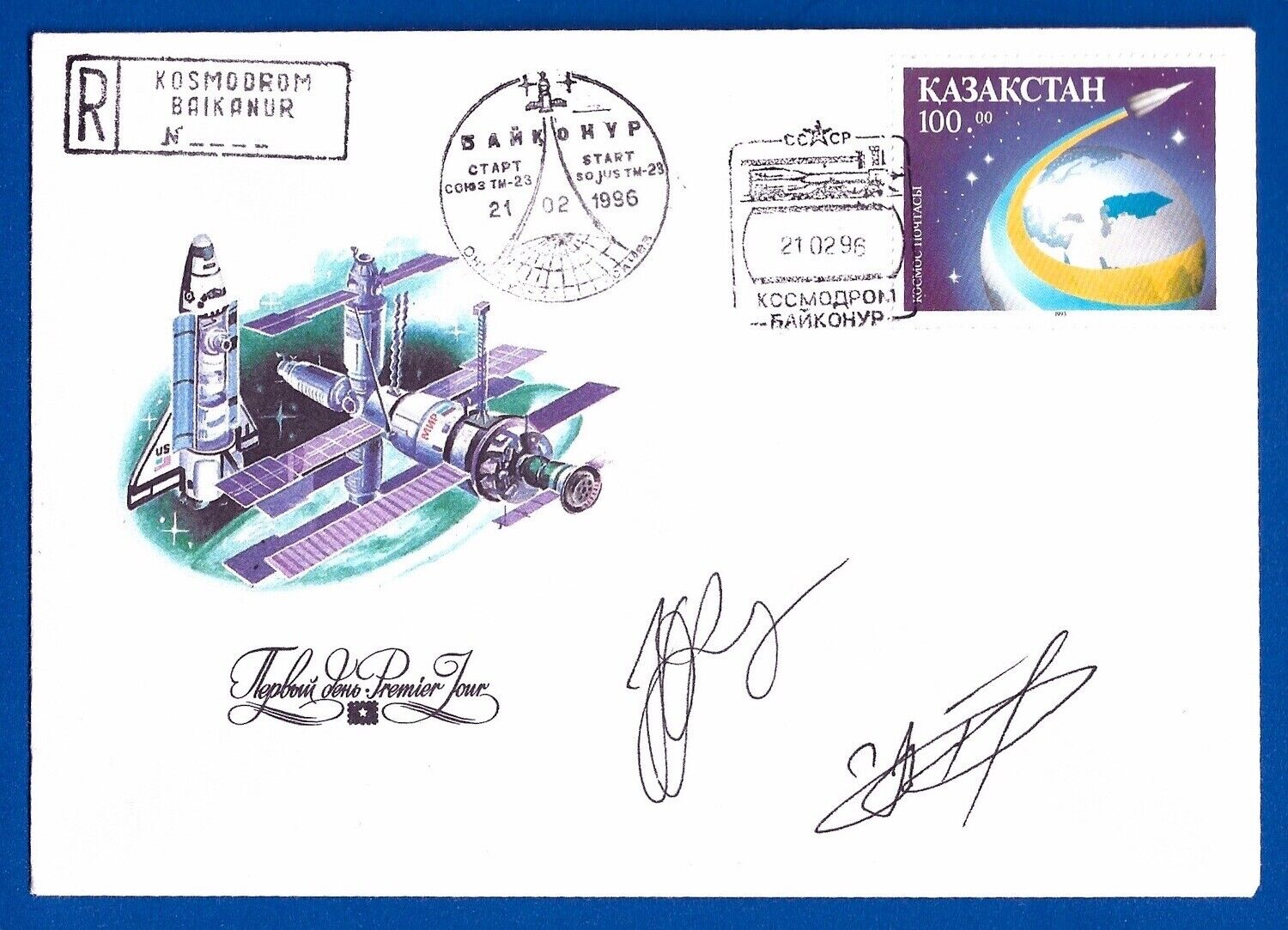 1996 Soyuz TM-23 Yuri Onufrienko, Yury Usachov full crew signed FDC cover