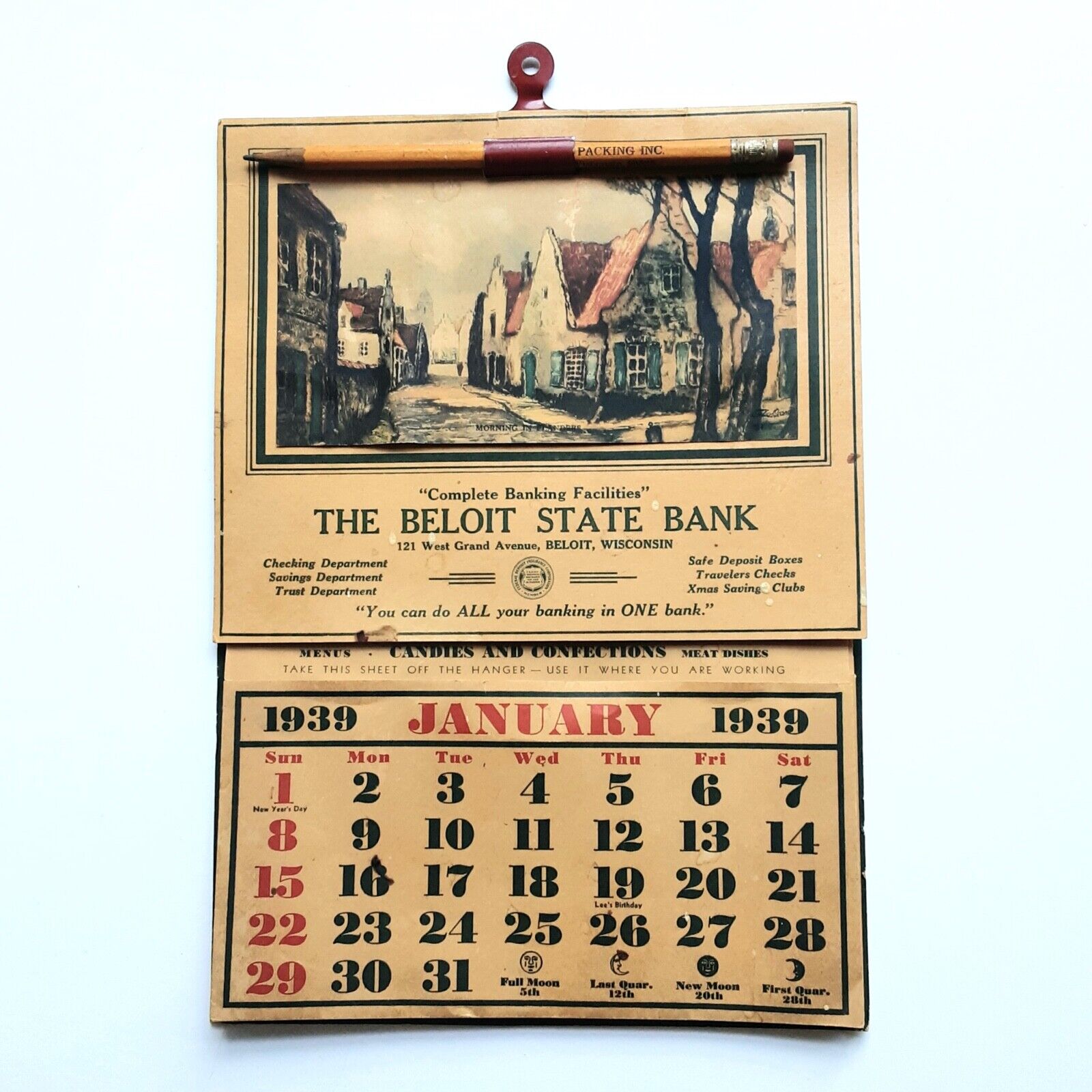 Vintage 1939 BELOIT STATE BANK WALL RECIPE CALENDER, All Months Attached