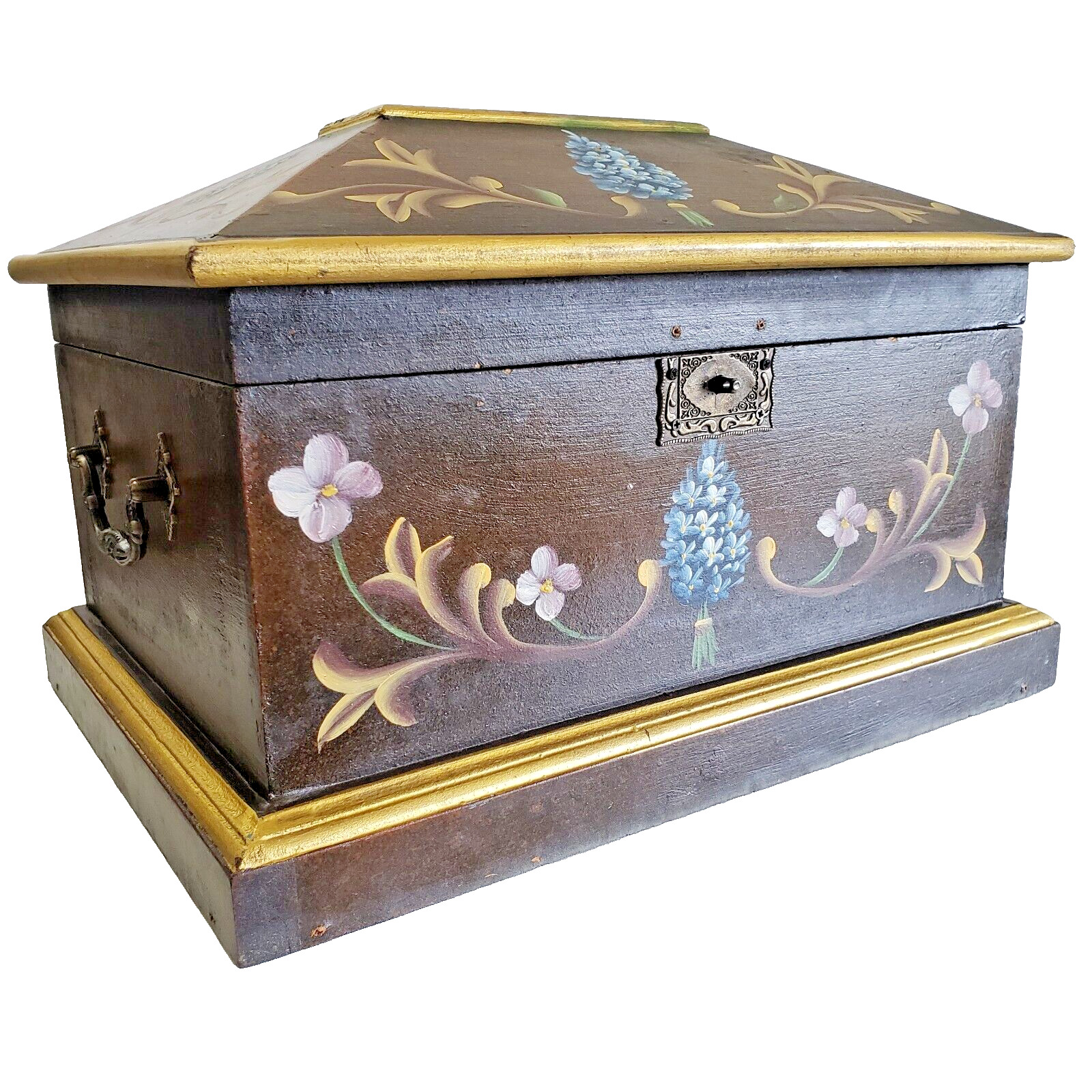 Large Hand Painted Wood Box w Velvet Lining & Hinged Lid 15.25