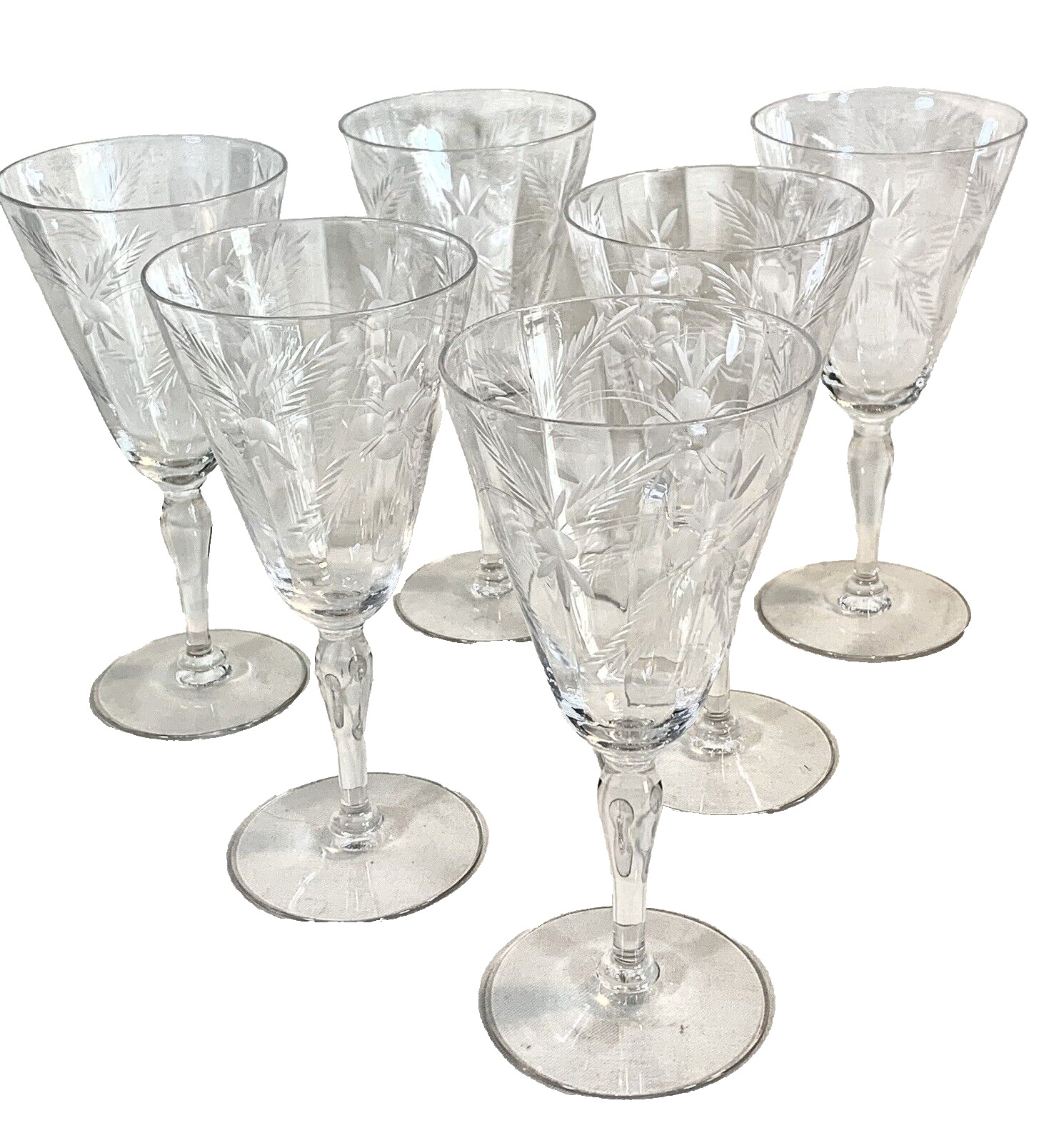 Vintage water goblets 50s crystal optic bowl etched flowers leaves clear color
