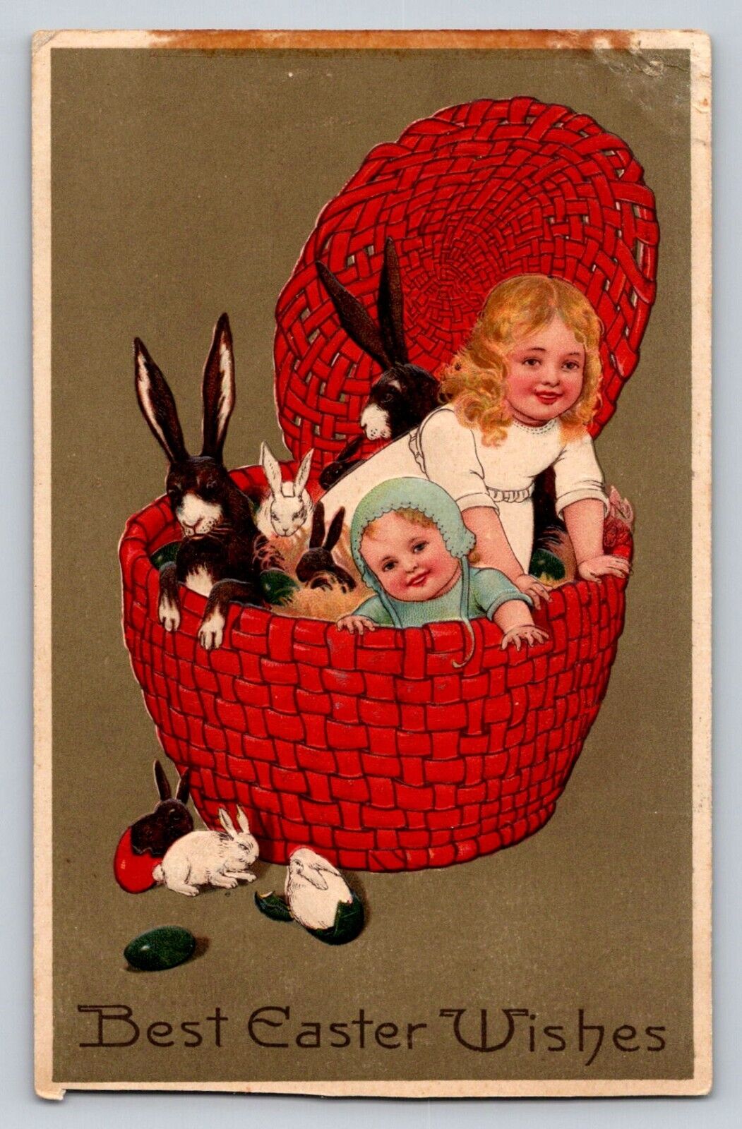 Fantasy Girls Rabbits In Basket Easter P700 Germany Trimmed