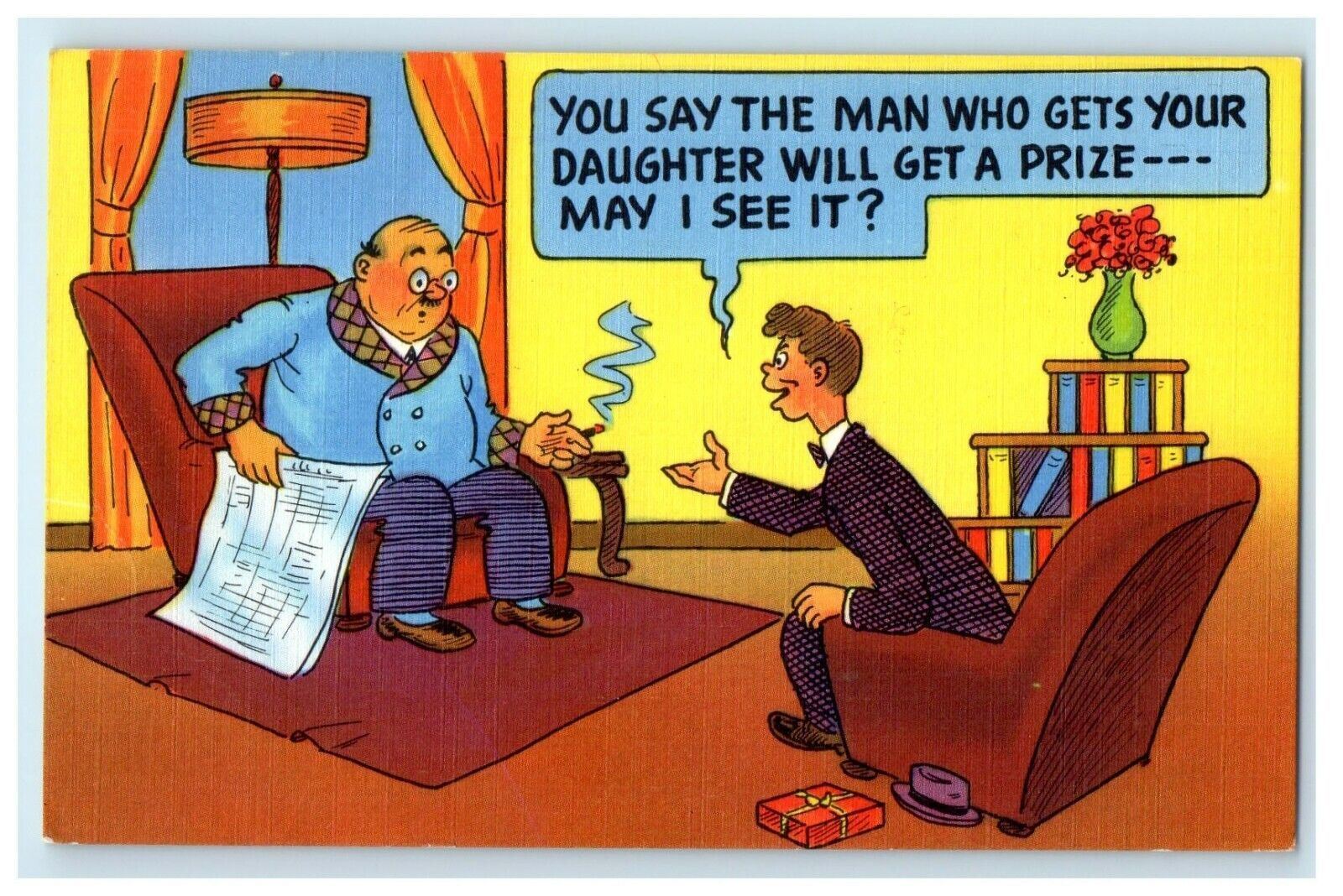 c1940's Man Cigarette Smoking Finding Daughter Comic Humor Funny Postcard