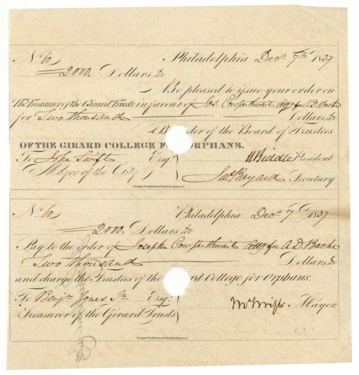 Document signed by Nicholas Biddle - Autograph - Famous Biddle Family - Autograp