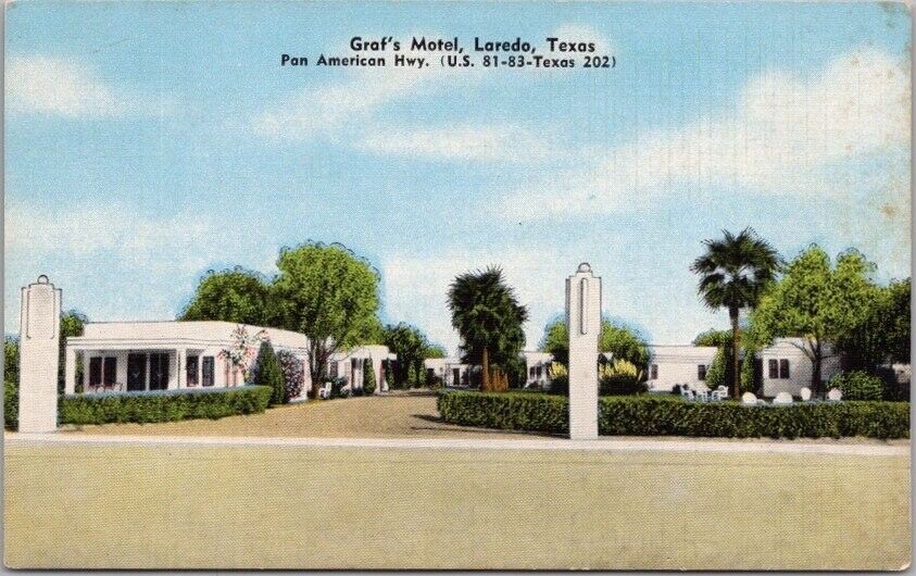 LAREDO, Texas Postcard GRAF\'S MOTEL Pan-American Highway / Kropp Linen c1940s