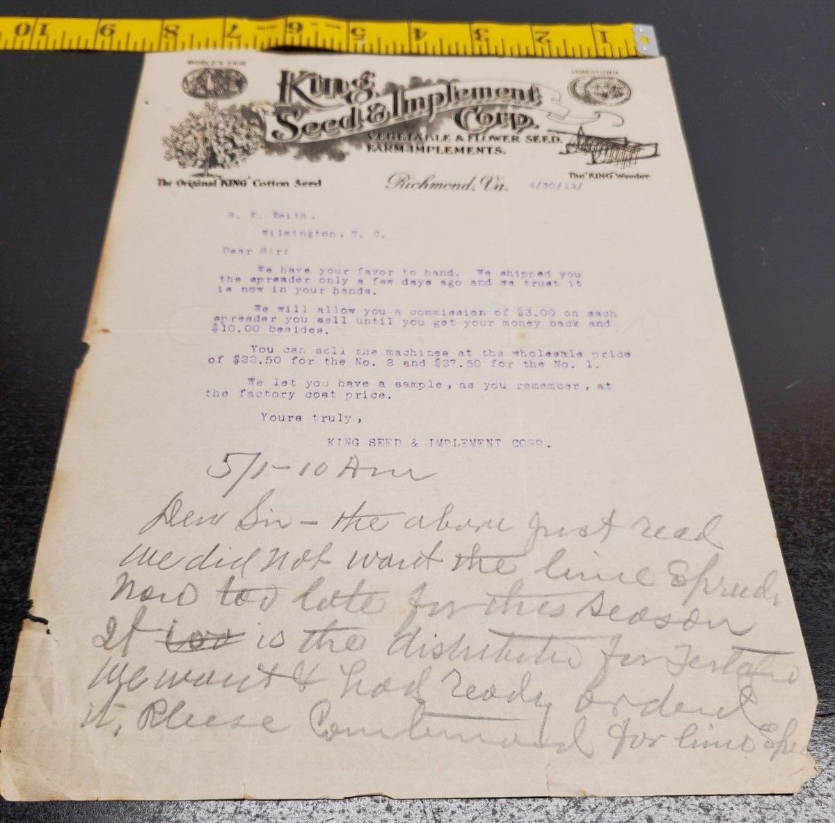 1913 King Seed & Implement Corp. letter-Vegetable & Flower Seed - Richmond VA