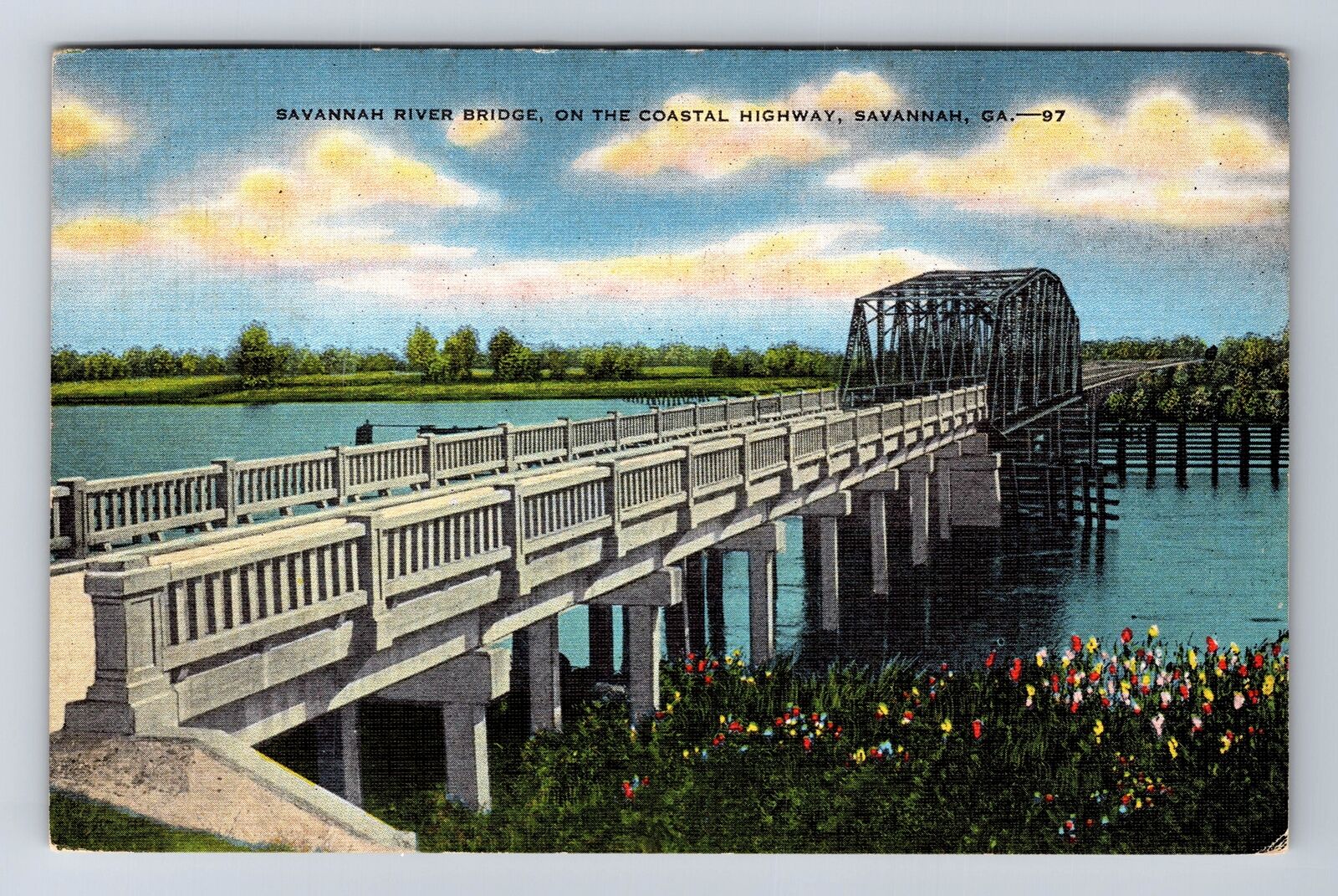 Savannah GA-Georgia, Savannah River Bridge, Highway, Vintage c1949 Postcard