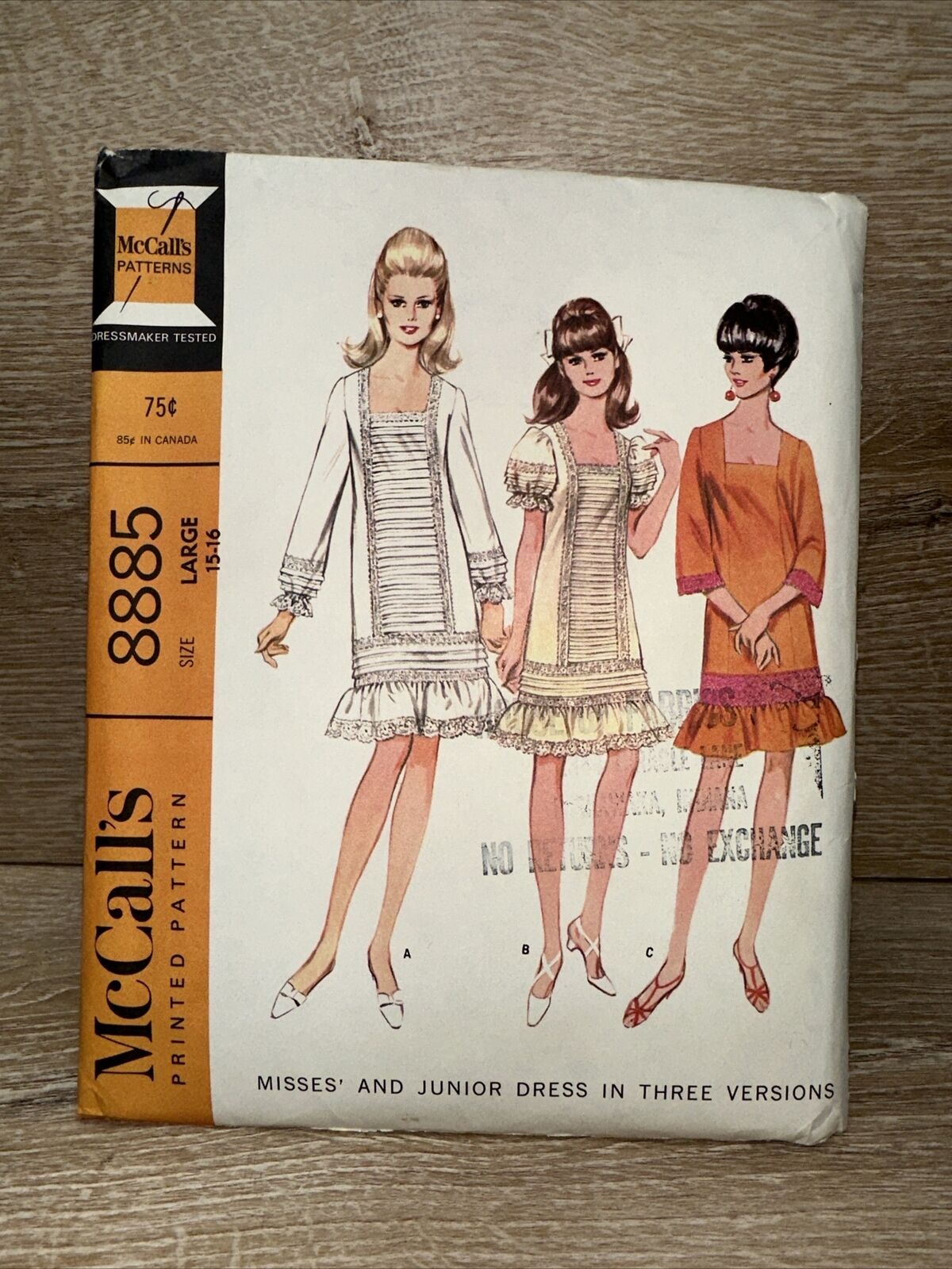 Vintage McCALL'S PATTERN Sewing Pattern 8885 Misses & Junior Large 15-16 Dress