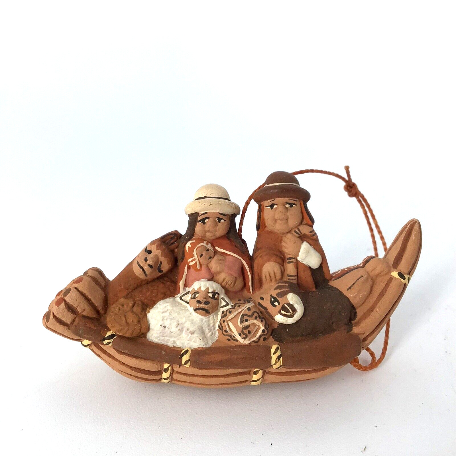 Peruvian Nativity Ornament Clay Hand Painted Miniature W/ Llama on Reed Boat