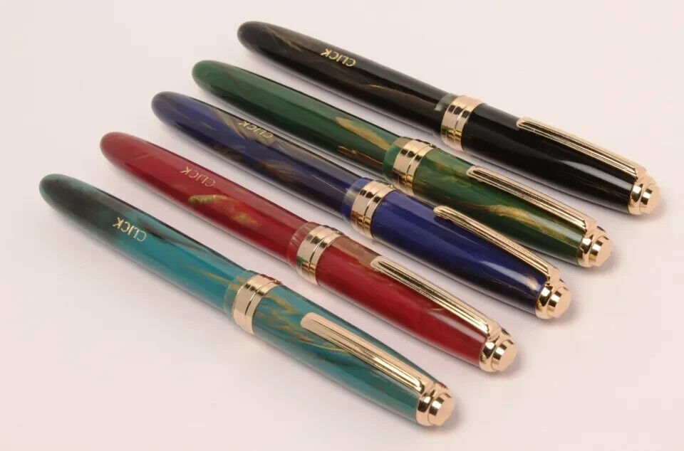 Set Of 5 Click Falcon Fountain Pens Classic Marble Design Golden Trims Converter