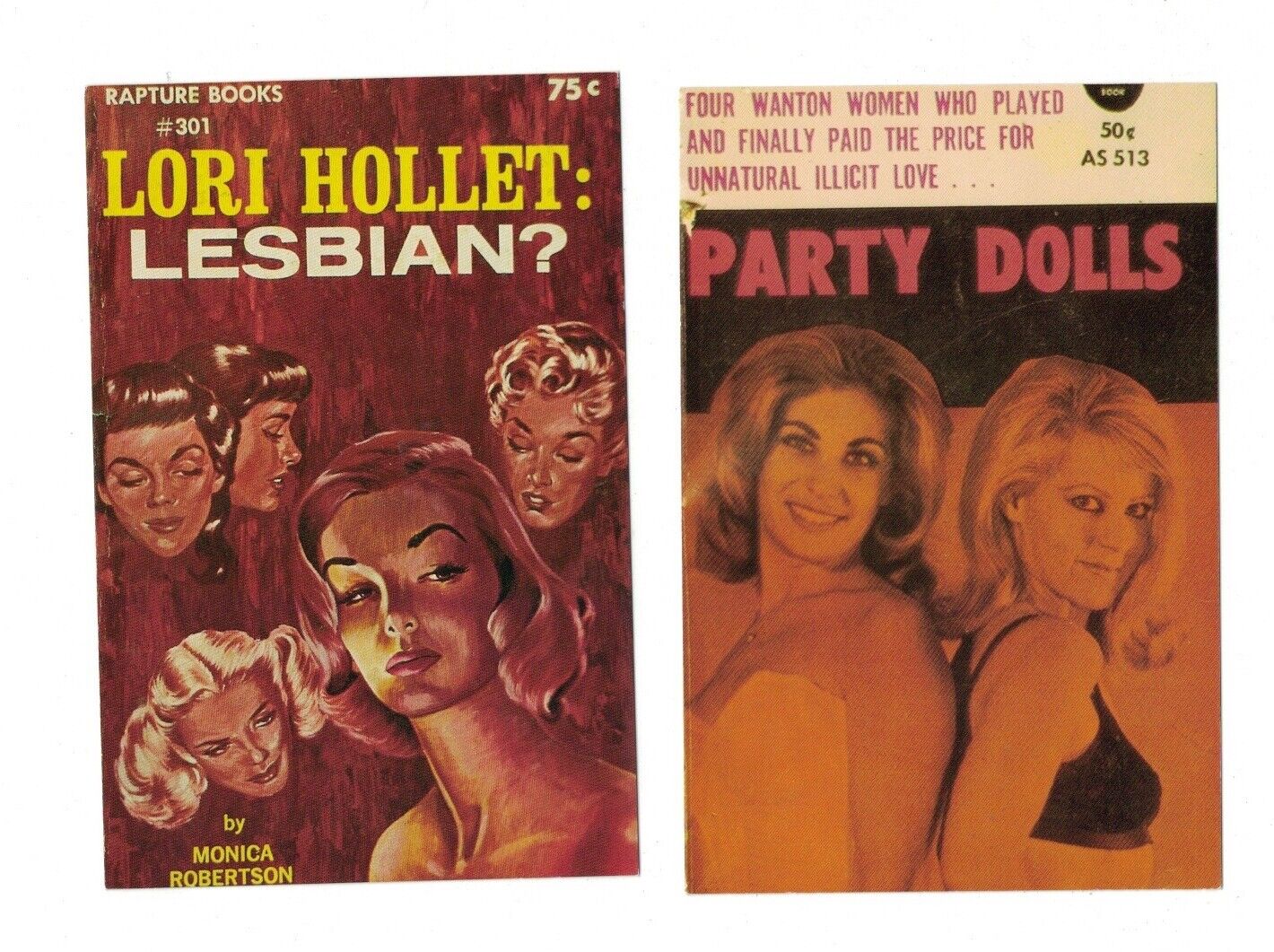 Two Unused Lesbian vintage sleaze pulp POSTCARDs Lori Hollett Party Doll Rapture