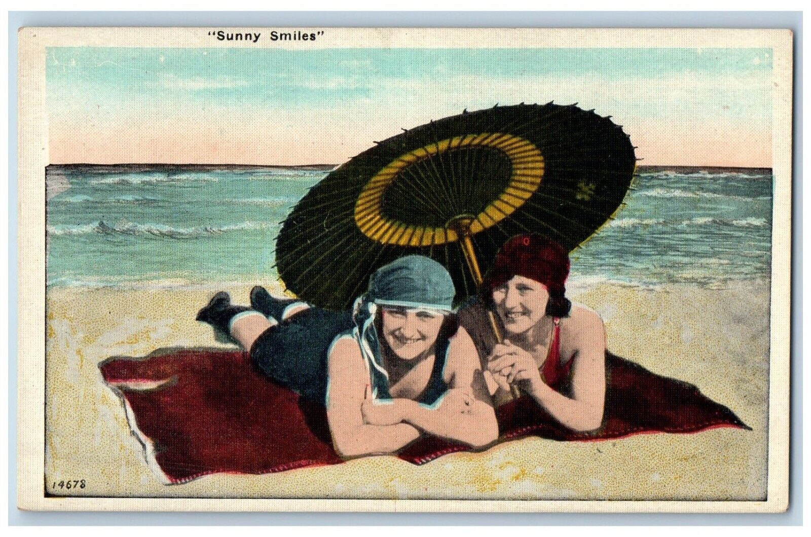Beach Bathing Beauty Postcard Sunny Smiles Sunbathing c1930's Unposted Vintage