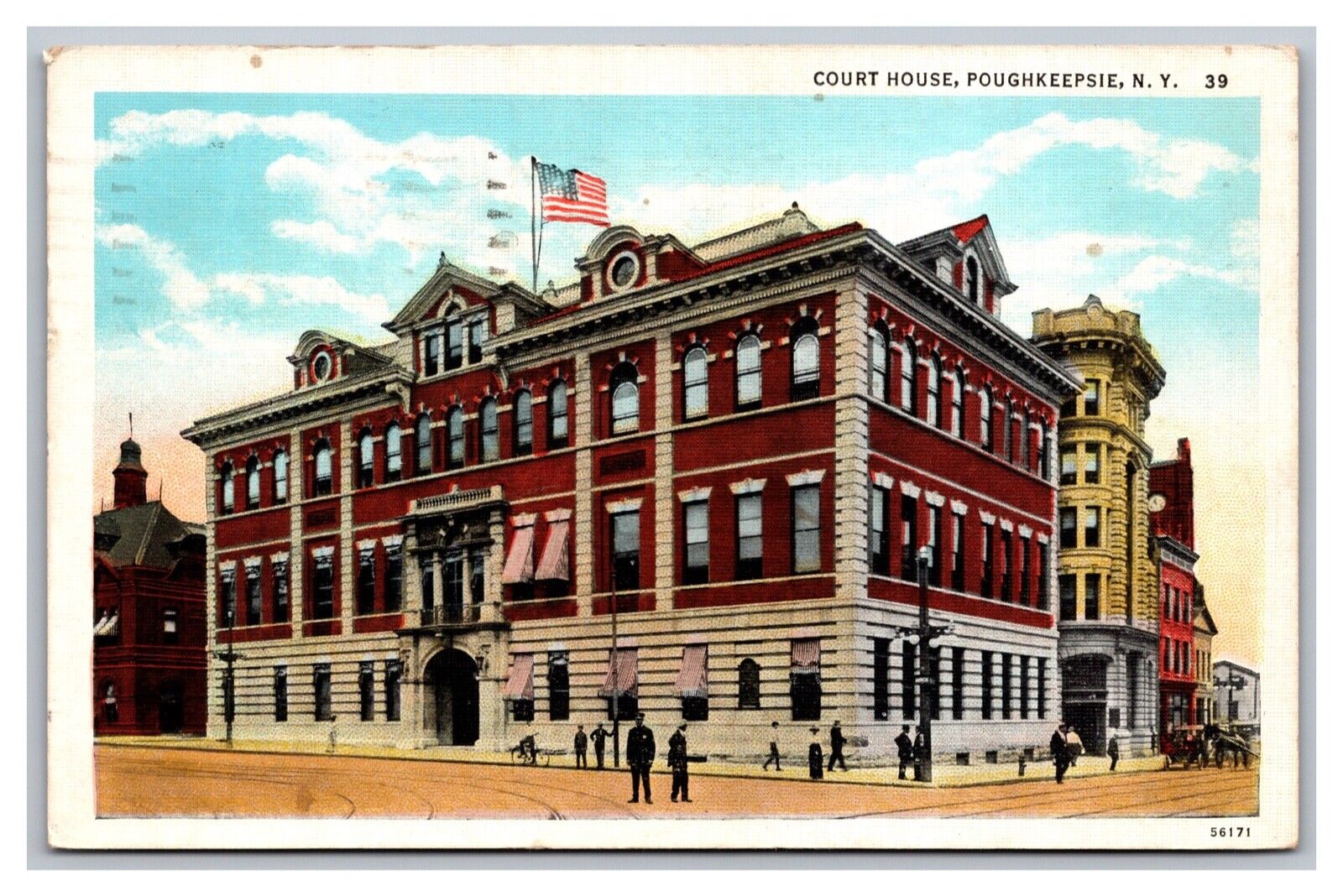 Poughkeepsie NY Court House Street View Linen Postcard Posted 1943