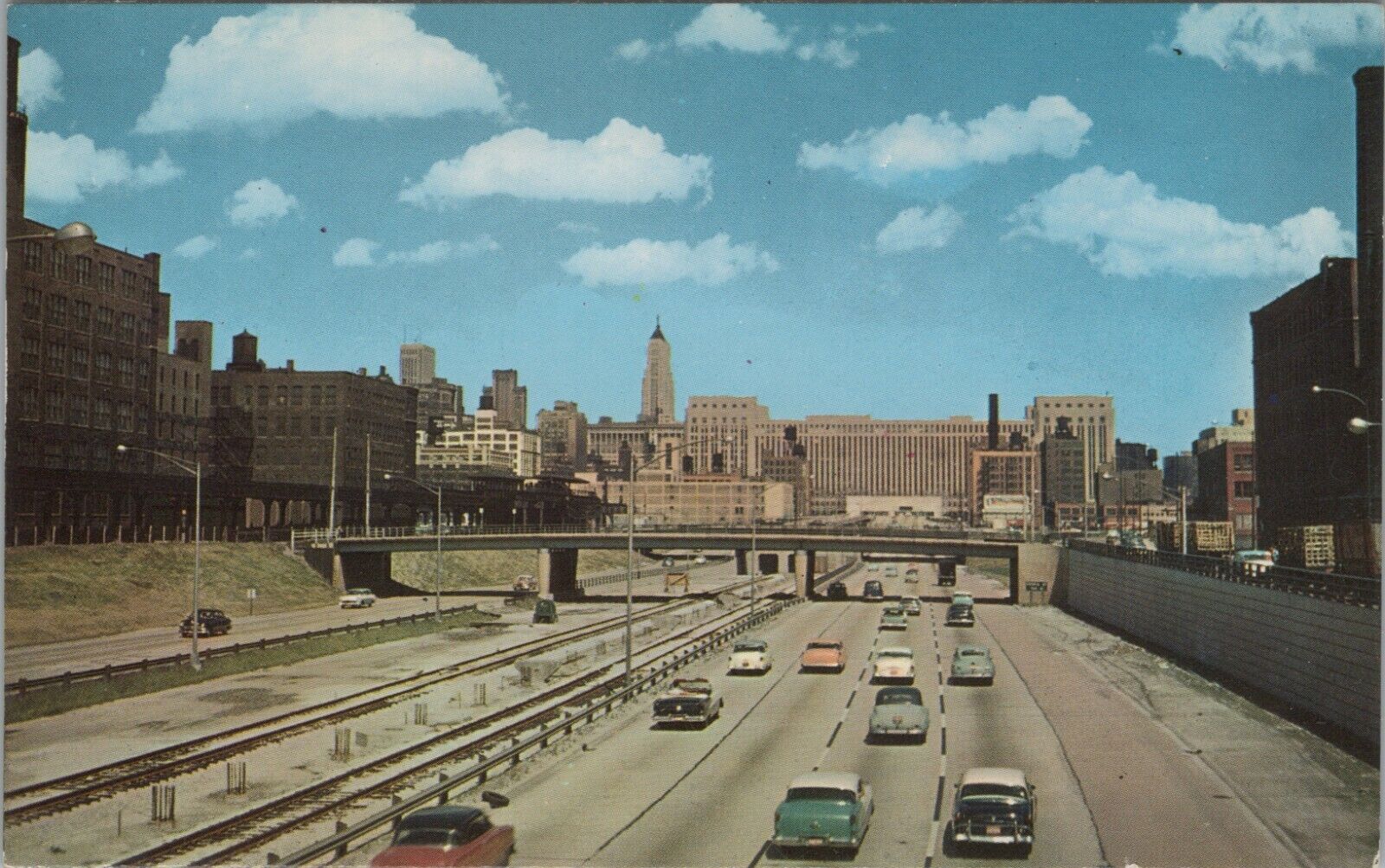 c1950s New Congress Street Expressway Chicago Illinois birds eye view autos E124