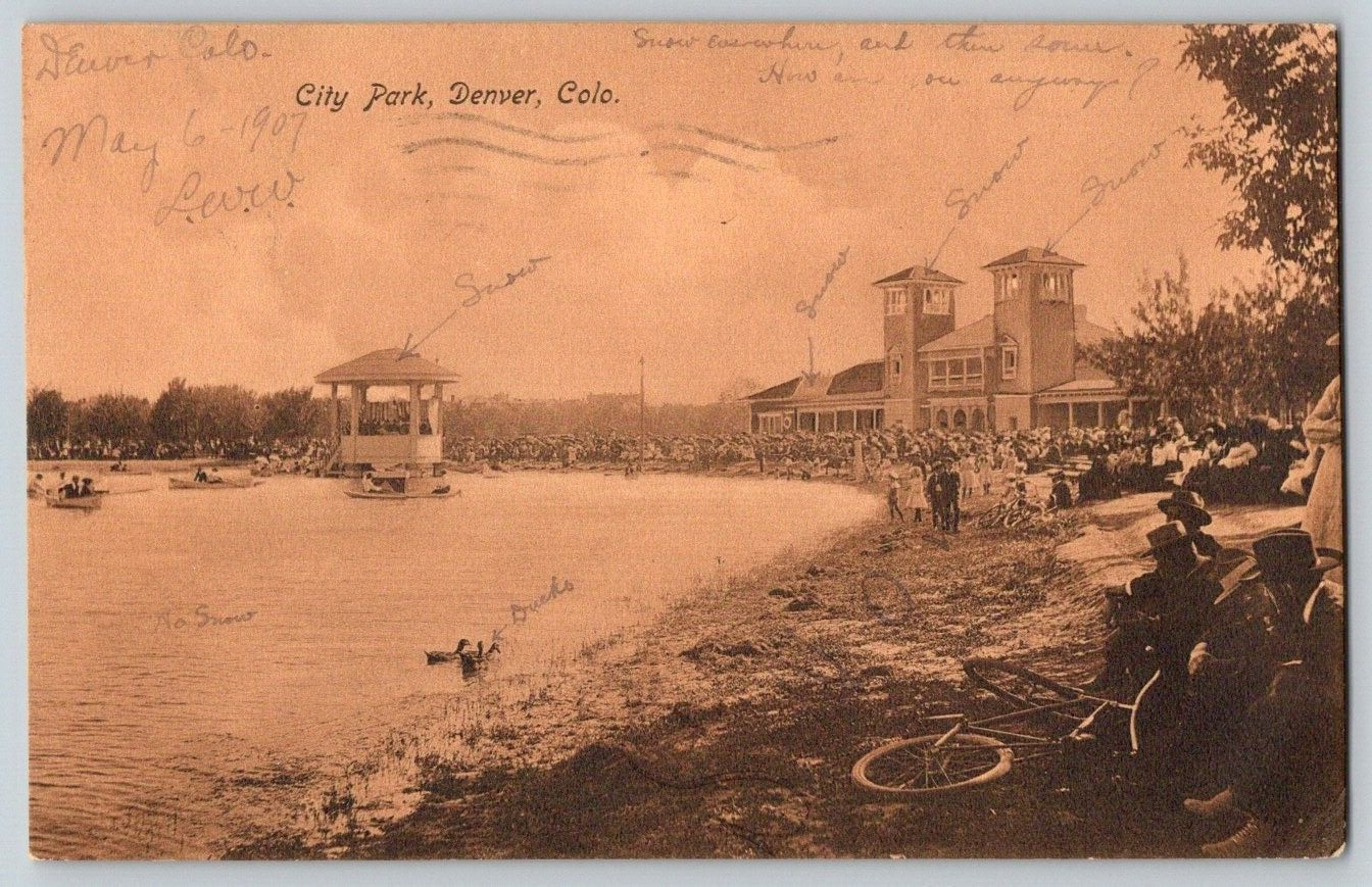 Undivided Back Postcard~ City Park~ People Surrounding The Lake~ Denver, CO