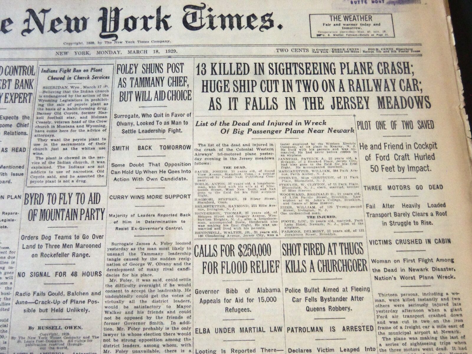1929 MARCH 18 NEW YORK TIMES - 13 KILLED SIGHTSEEING PLANE CRASH - NT 6631