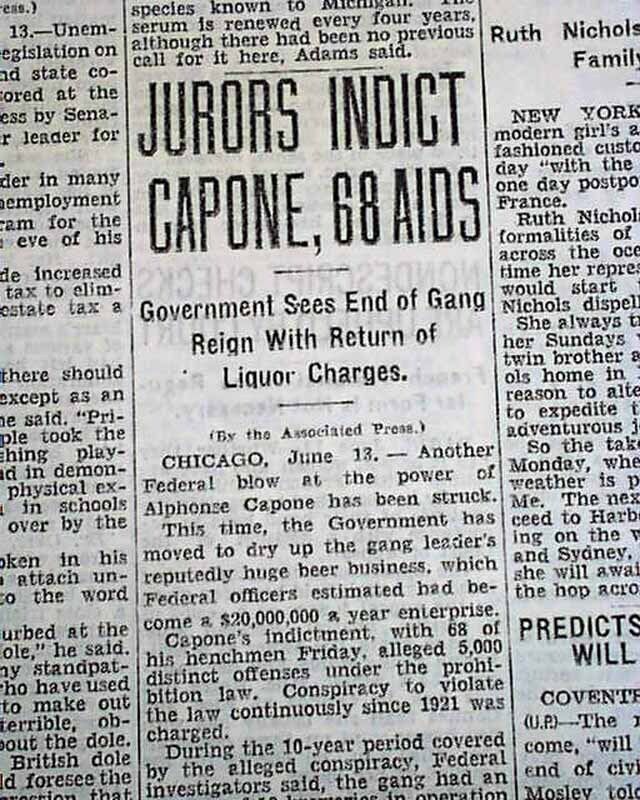 AL \'SCARFACE\' CAPONE Prohibition Volstead Act BEER Indictment 1931 old Newspaper
