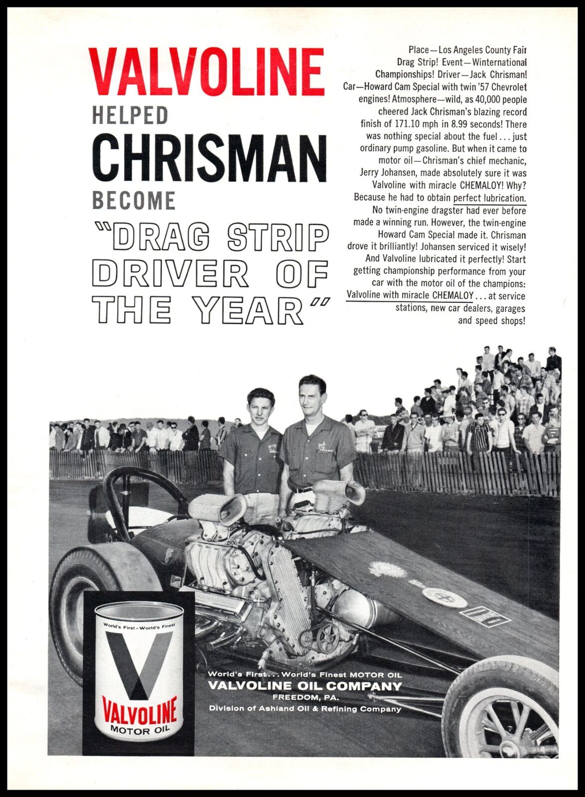 1961 Valvoline Motor Oil Can Vintage Print Ad Chrisman Drag Strip Race Wall Art