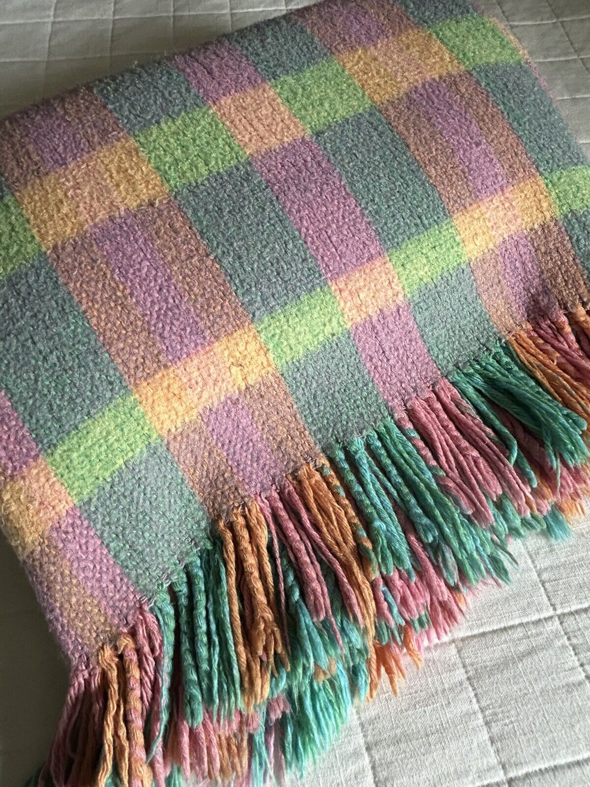 Vintage Plaid Reversible Throw Blanket Pastel Cottage THICK WOOL Fringed 60x82