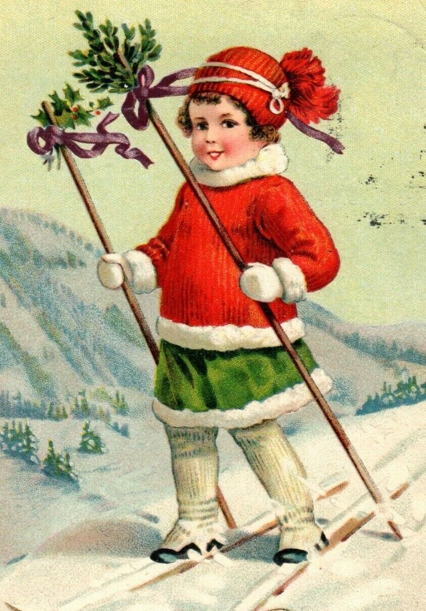 Early 1900s Slovak Christmas Postcard Little Girl Skiing