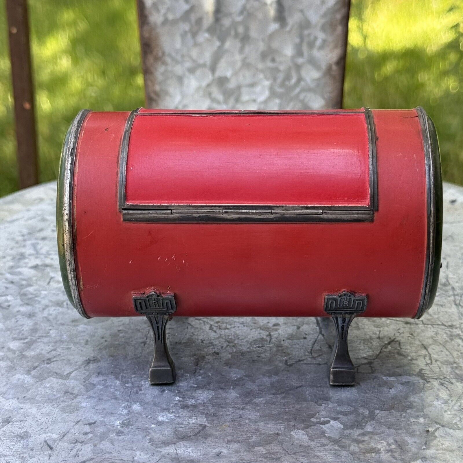 VTG Red Enamel Humidor, Cylinder Cigar Humidor