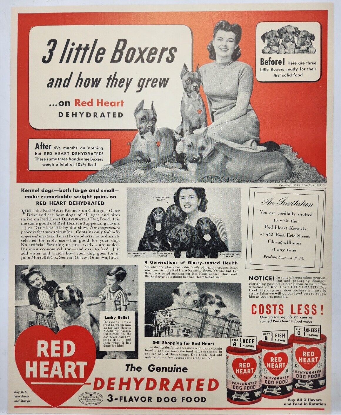 1943 Red Heart Boxers Dehydrated Dog Food Vintage Print Ad Man Cave Art Deco