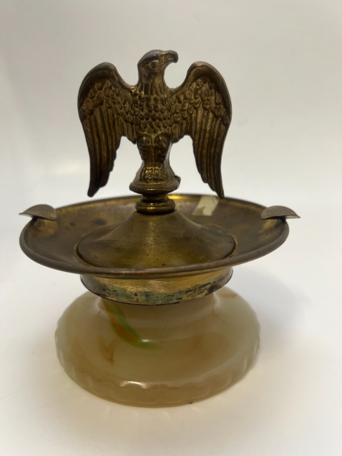 VTG Brass American Bald Eagle Statue Ash Tray and Marble Base