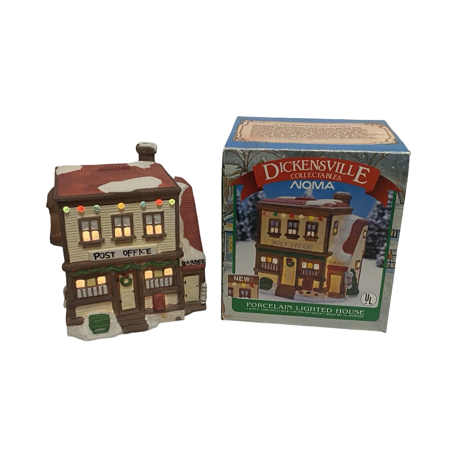 Holiday  Dickens Collectables Porcelain Lighted House Post Office Barber Shop