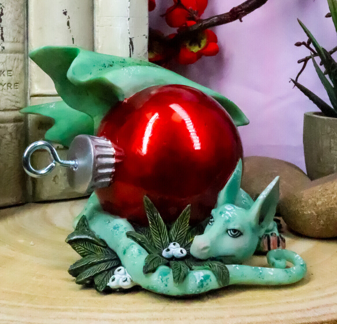 Ebros Amy Brown Holiday Treasure Dragon Sleeping With Red Ornament Mistletoe