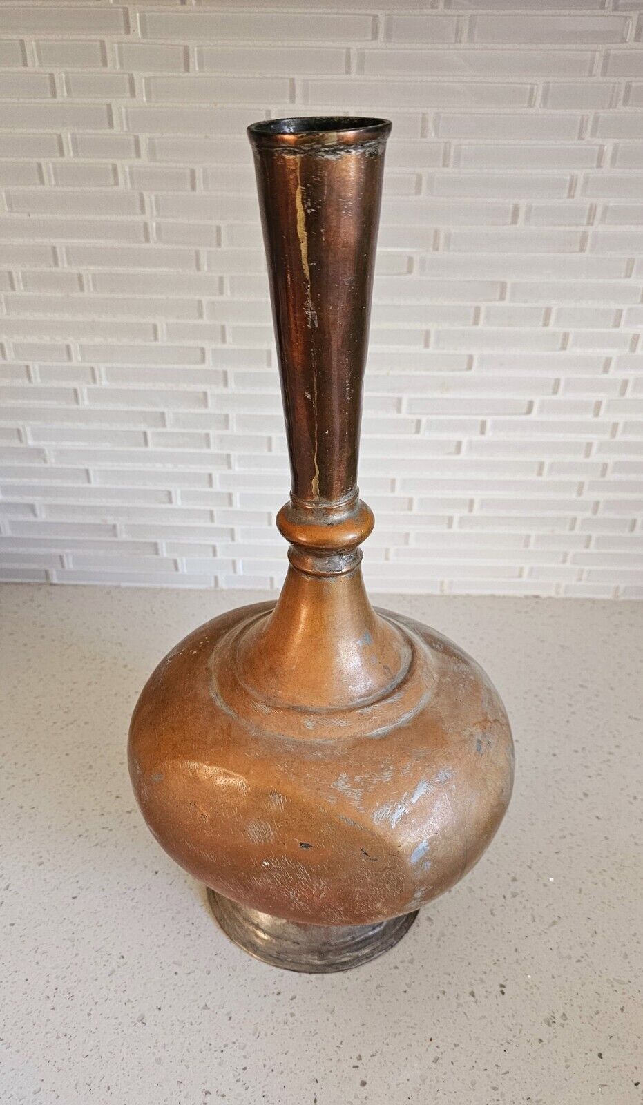 Antique Islamic Tinned Copper Hammered Single Piece Mold Surahi Bottle Vase Jug