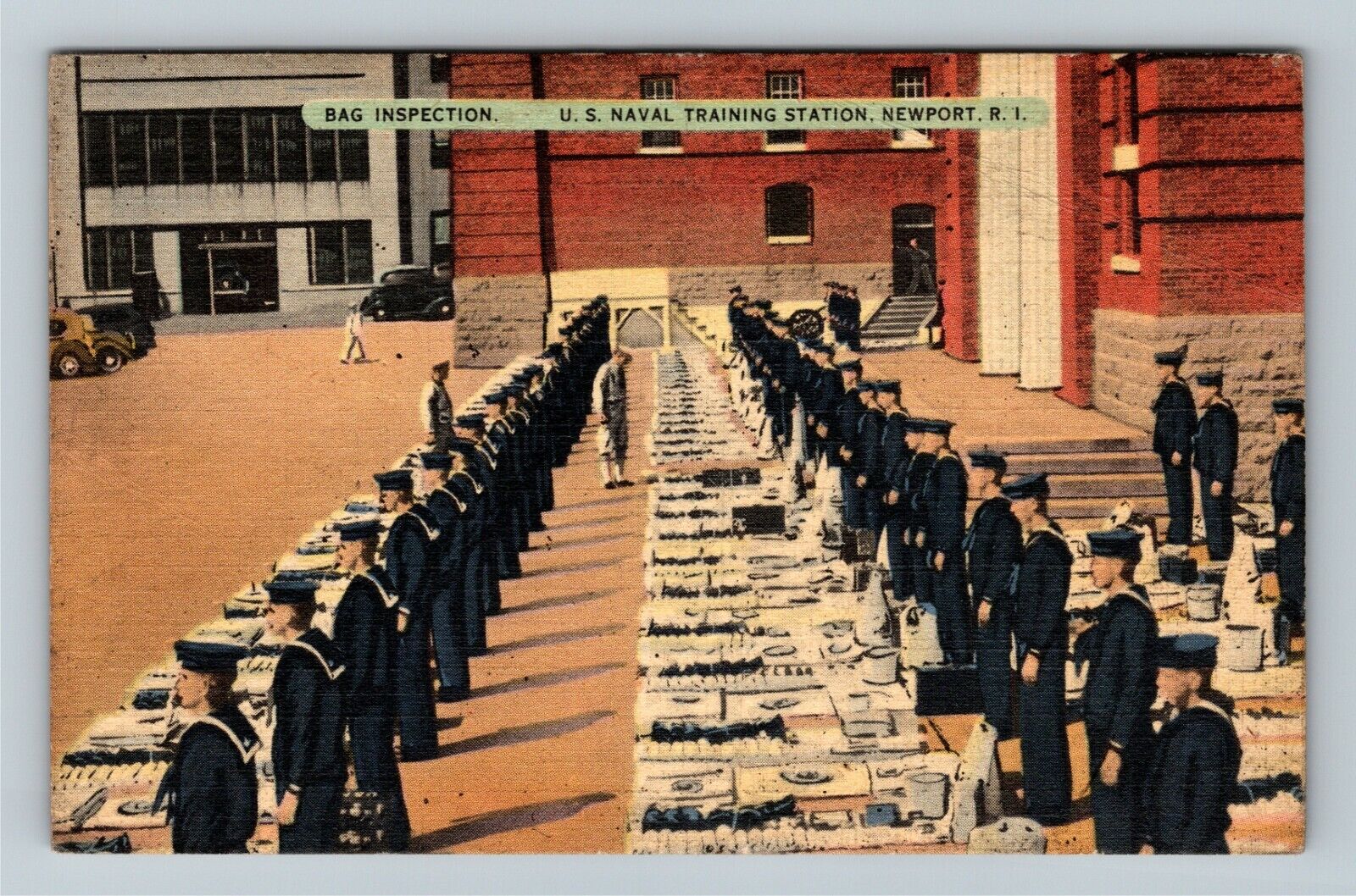 Newport RI-Rhode Island U.S.Naval Training Station Bag Inspection Linen Postcard