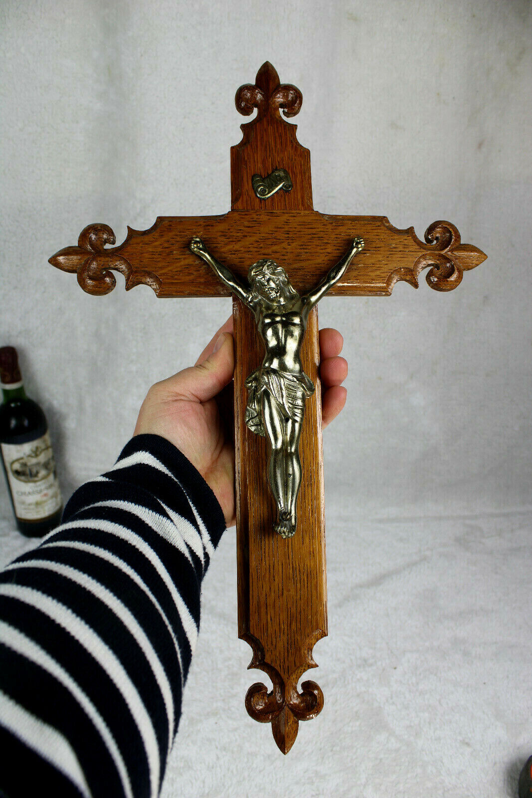 Antique french wood carved fleur de lys Crucifix cross Religious 