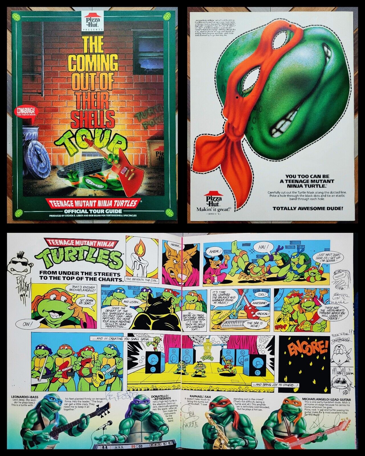 Vintage 1990 TMNT Rare 8× SIGNED + POSTER Ninja Turtles OUT OF SHELLS Tour Guide