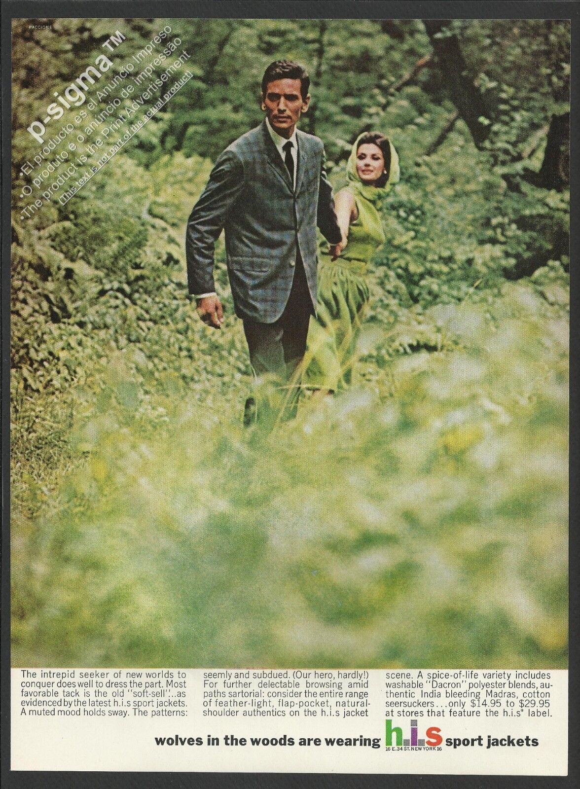 Wolves in the woods are wearing H.I.S.sport jackets  - 1963 Vintage Print Ad