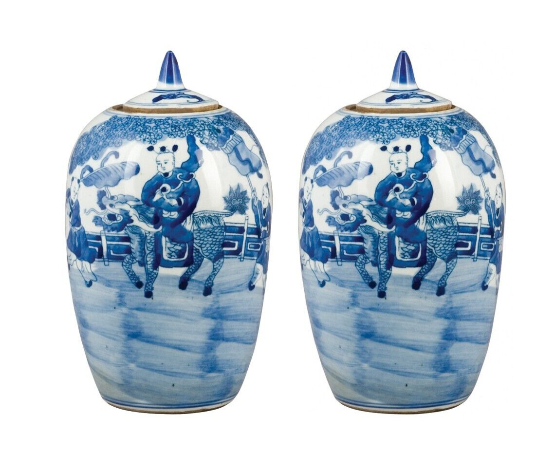 Jar Pair Blue White Ginger Temple Jar Foo Dog Chinoiserie Oriental Ming Style