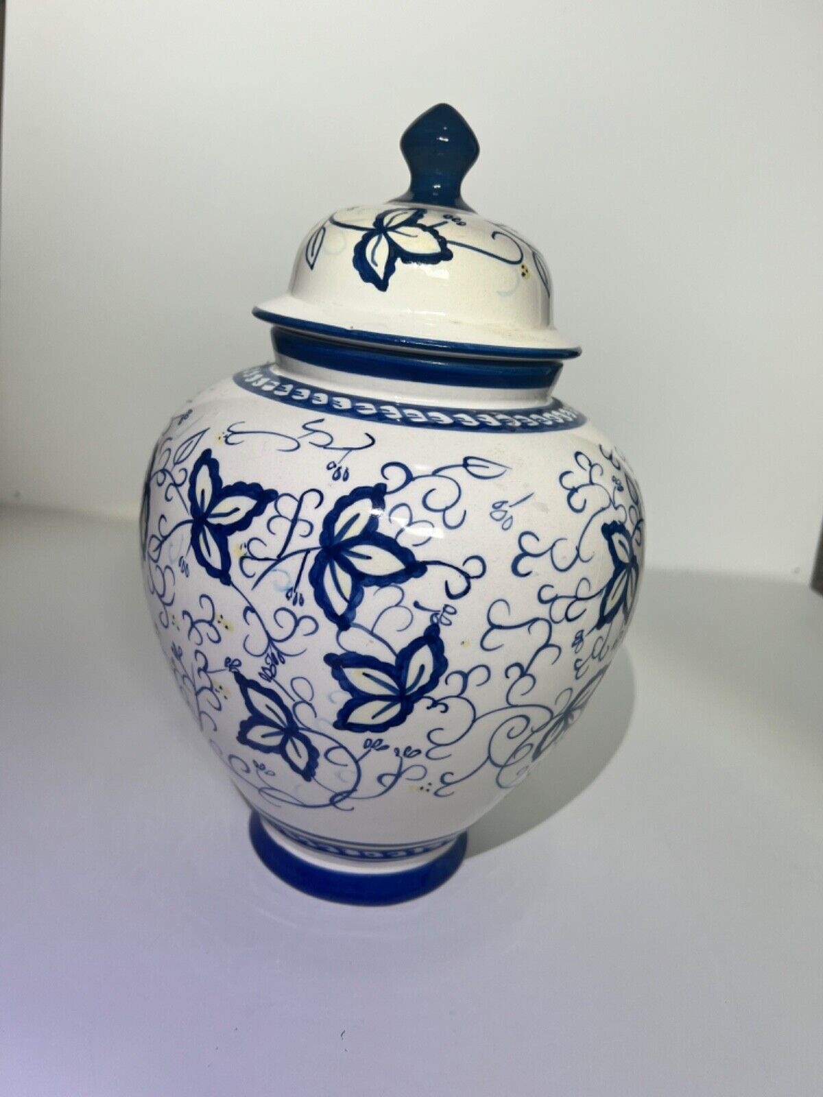 12” Vintage Blue and White with Yellow Flowers Hand Painted Ceramic Ginger Jar
