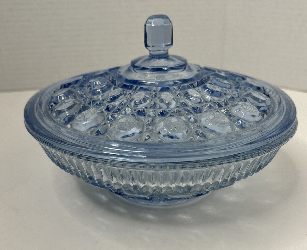 Vintage Windsor Candy Dish with Lid Indiana Glass Confections 7.5” Ice Blue