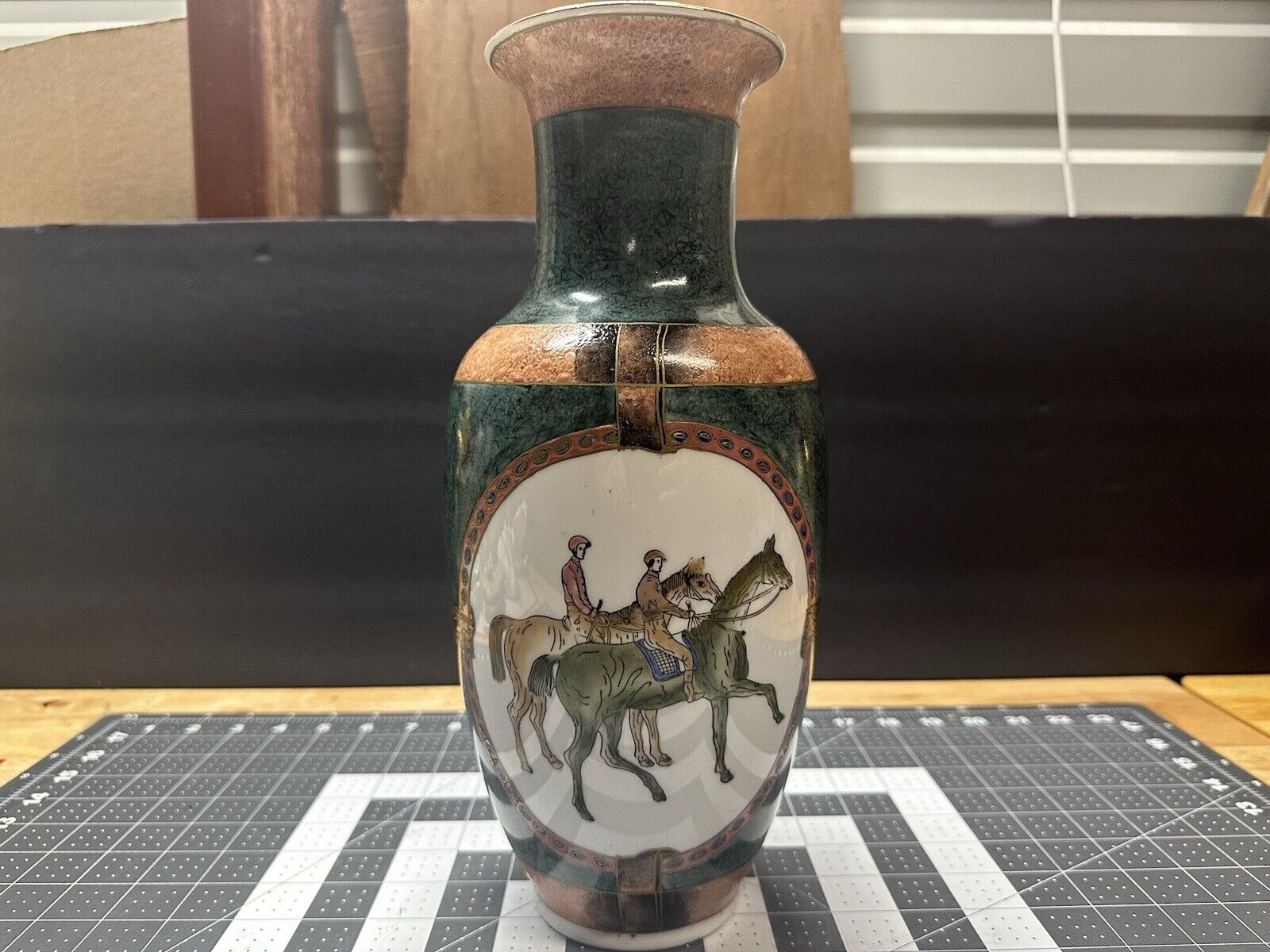 Vintage WFBI Porcelain Vase Polo Equestrian Jockies Bridles 80s Colors