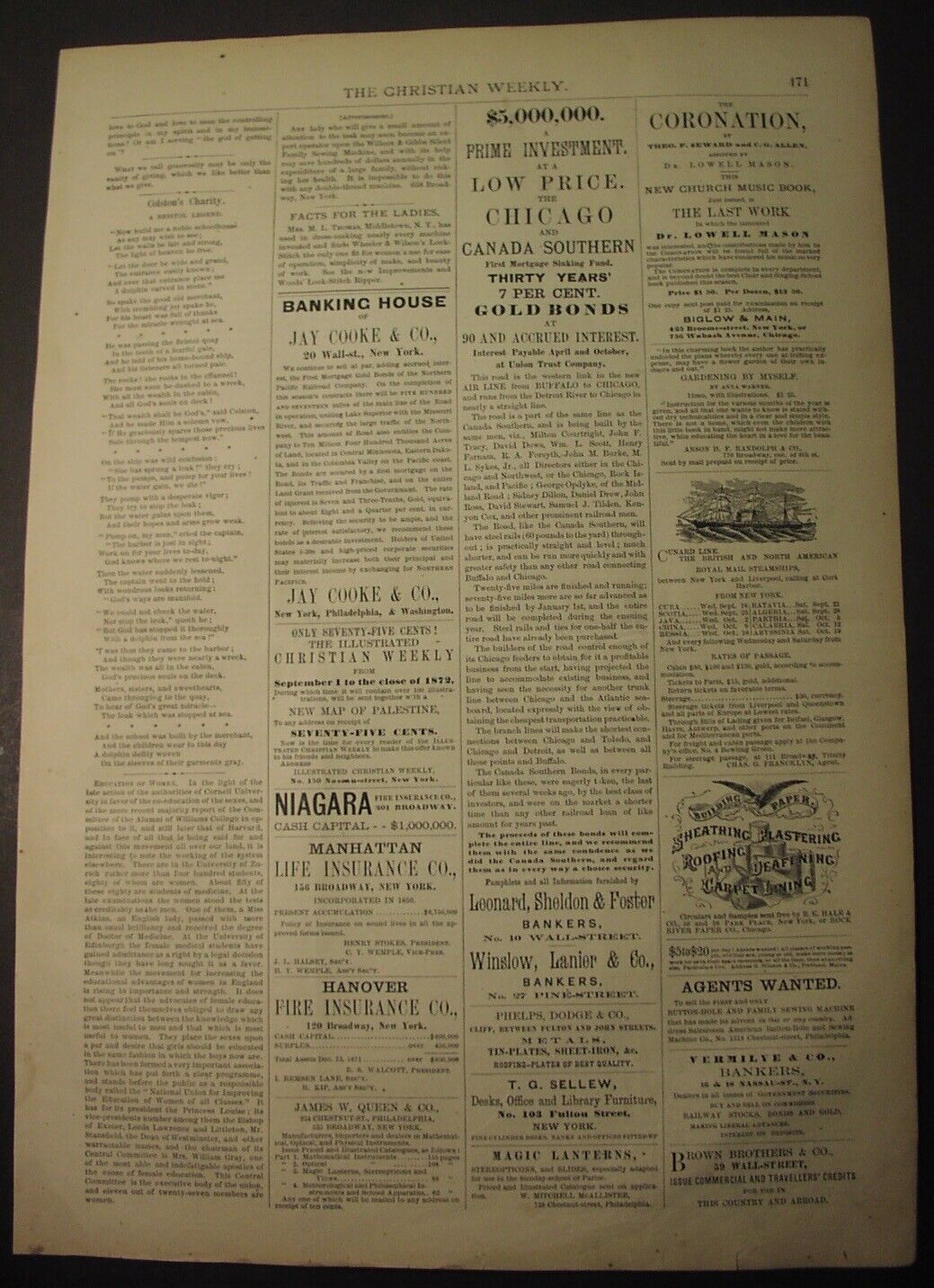 1872: EDUCATION of WOMEN - short article; Railroad ad- CHICAGO & Canada Southern